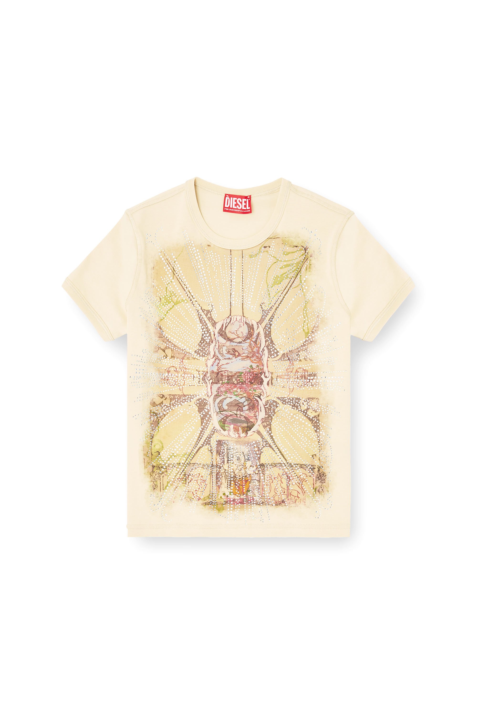 Diesel - T-UNCUTIES-LONG-R14, Woman's T-shirt with rhinestone graphic in Light Brown - 3