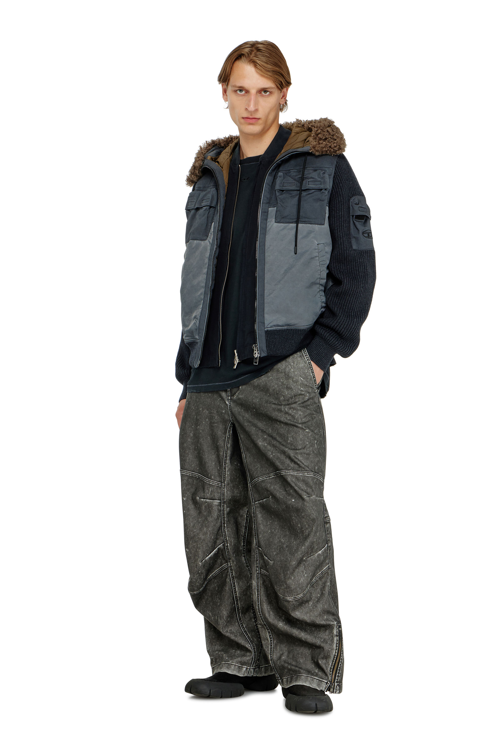 Diesel - W-DELLS, Man's Hooded padded jacket with knitted sleeves in null - 1