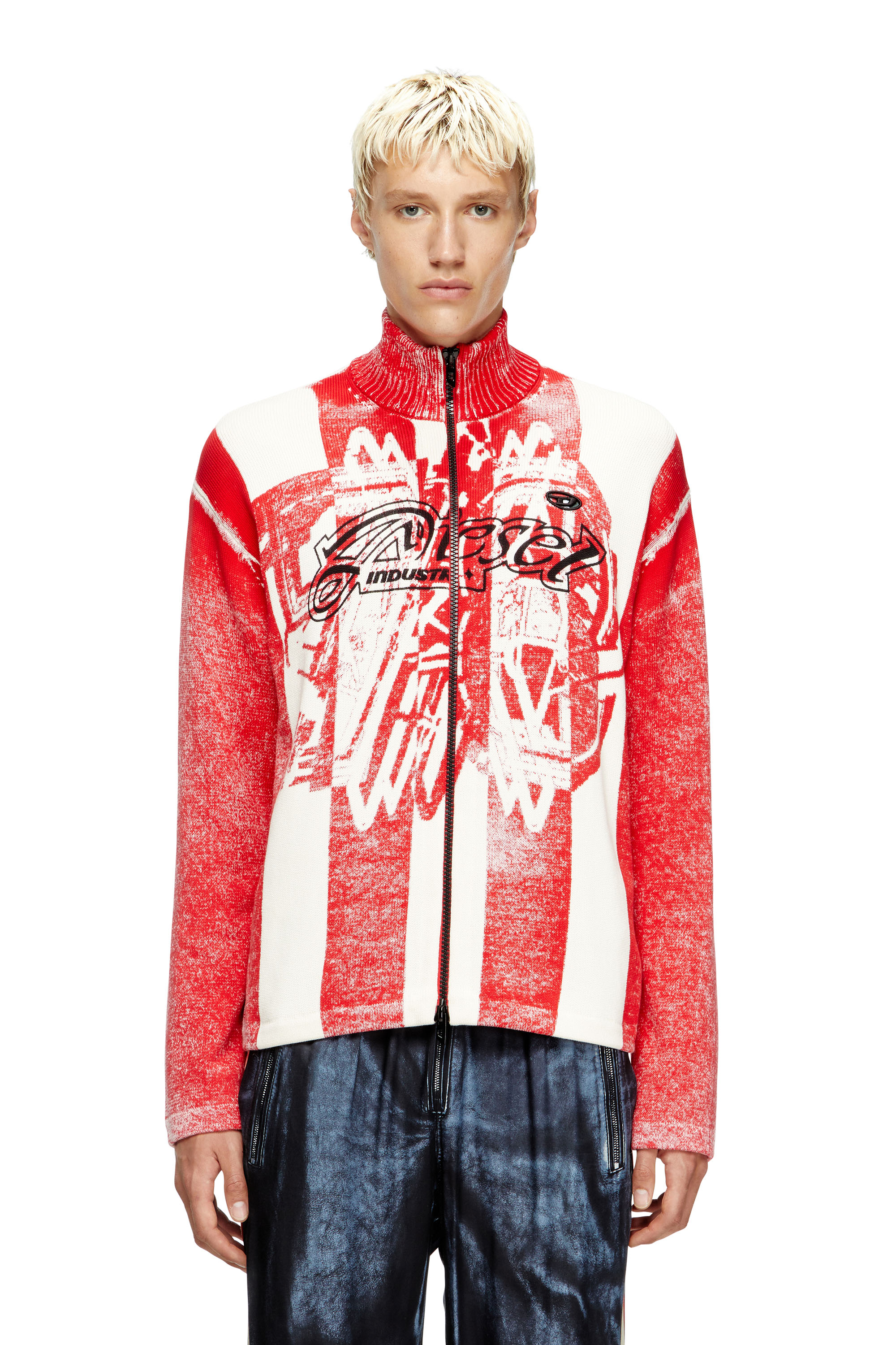 Diesel - K-OLIBA-JKT, Man's Inside-print striped zipped cardigan in Red/White - 3