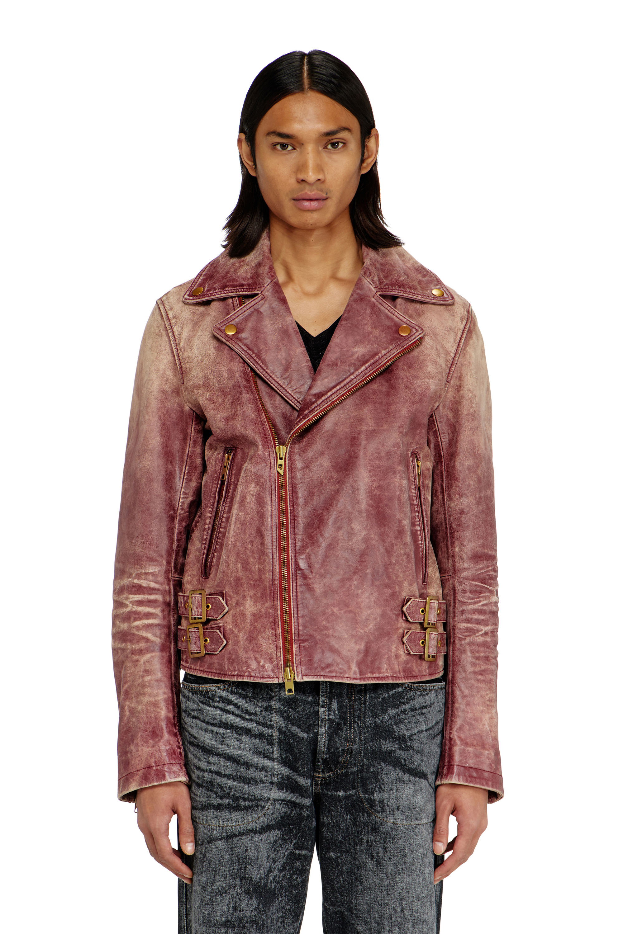 Diesel - L-EON-CJCM, Man's Biker jacket in treated leather in Brown - 1