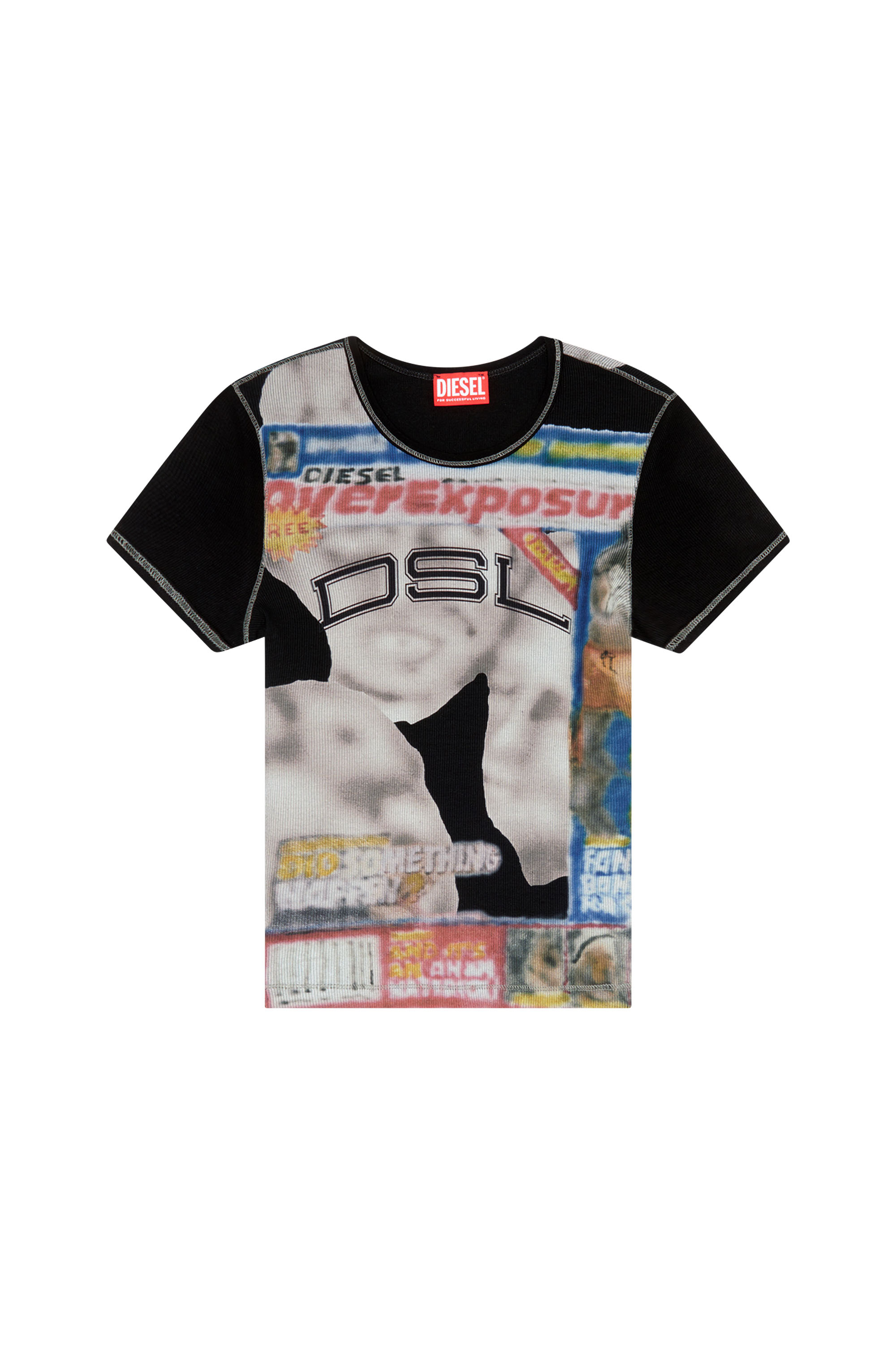 Diesel - T-ELE-LONG, Woman's Ribbed T-shirt with airbrush print in Black - 2