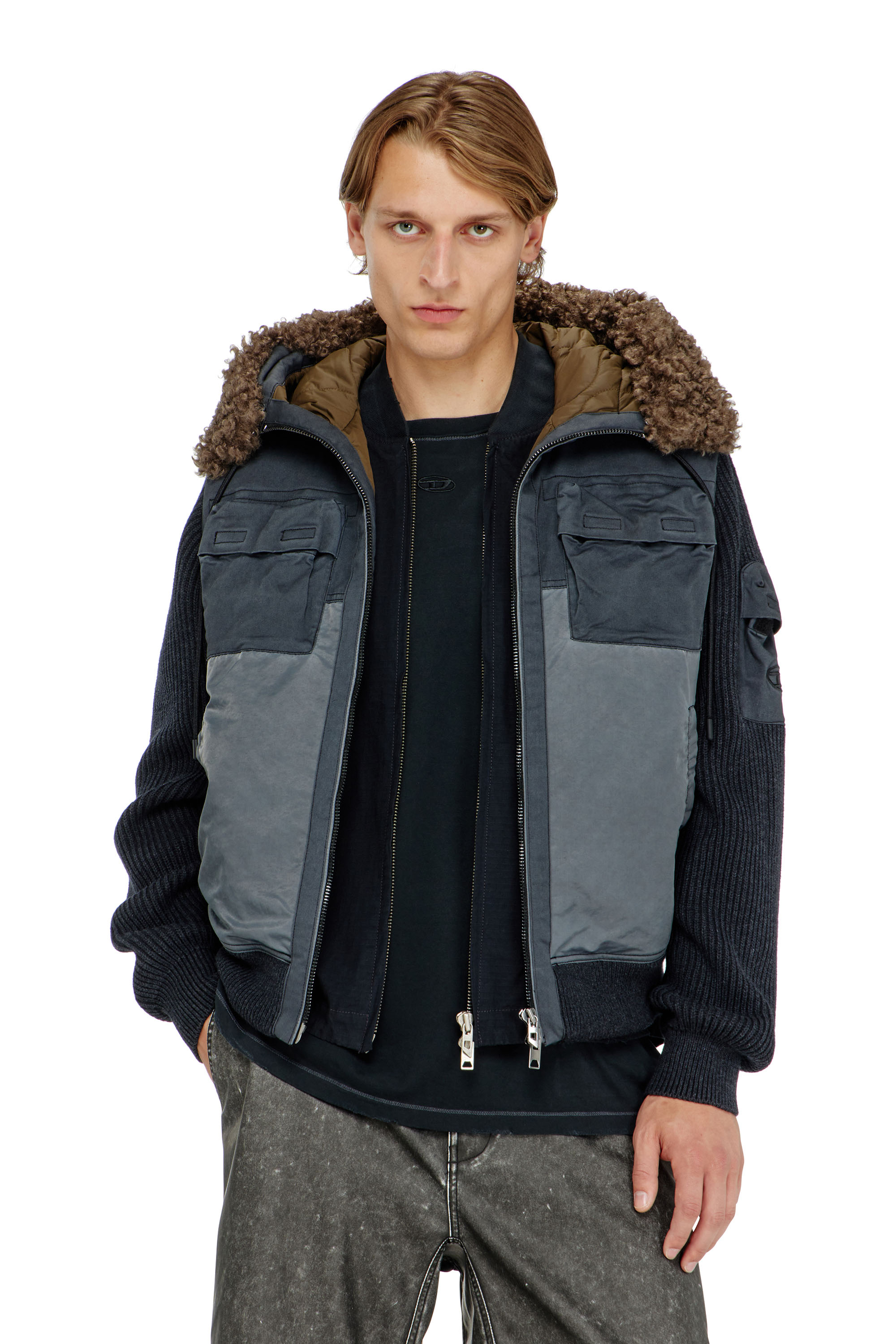 Diesel - W-DELLS, Man's Hooded padded jacket with knitted sleeves in null - 3