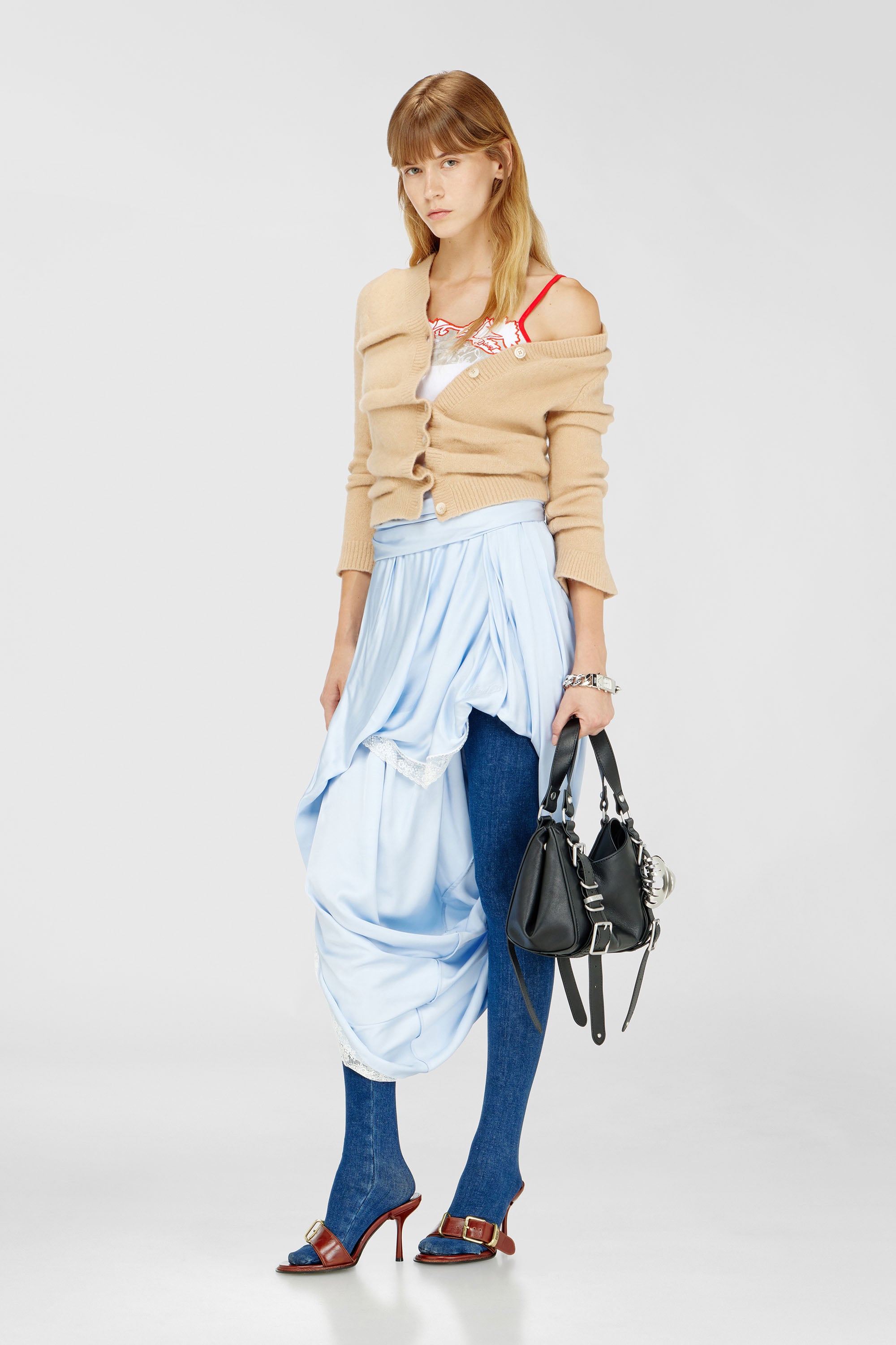 Diesel - O-WANDA, Woman's Draped satin midi skirt with lace trim in Light Blue - 2