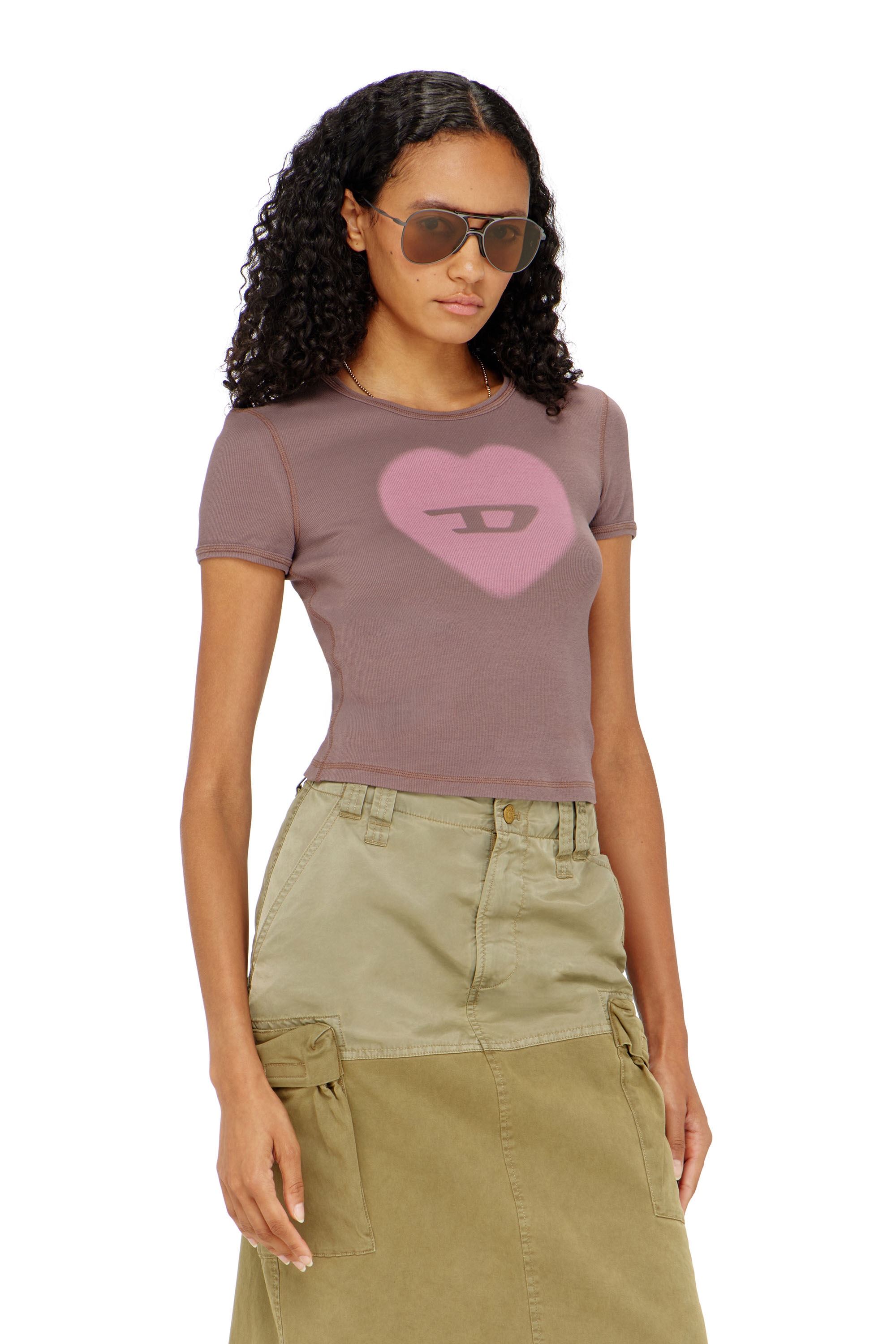 Diesel - T-ELE, Woman's Ribbed T-shirt with watercolour heart D in Violet - 1