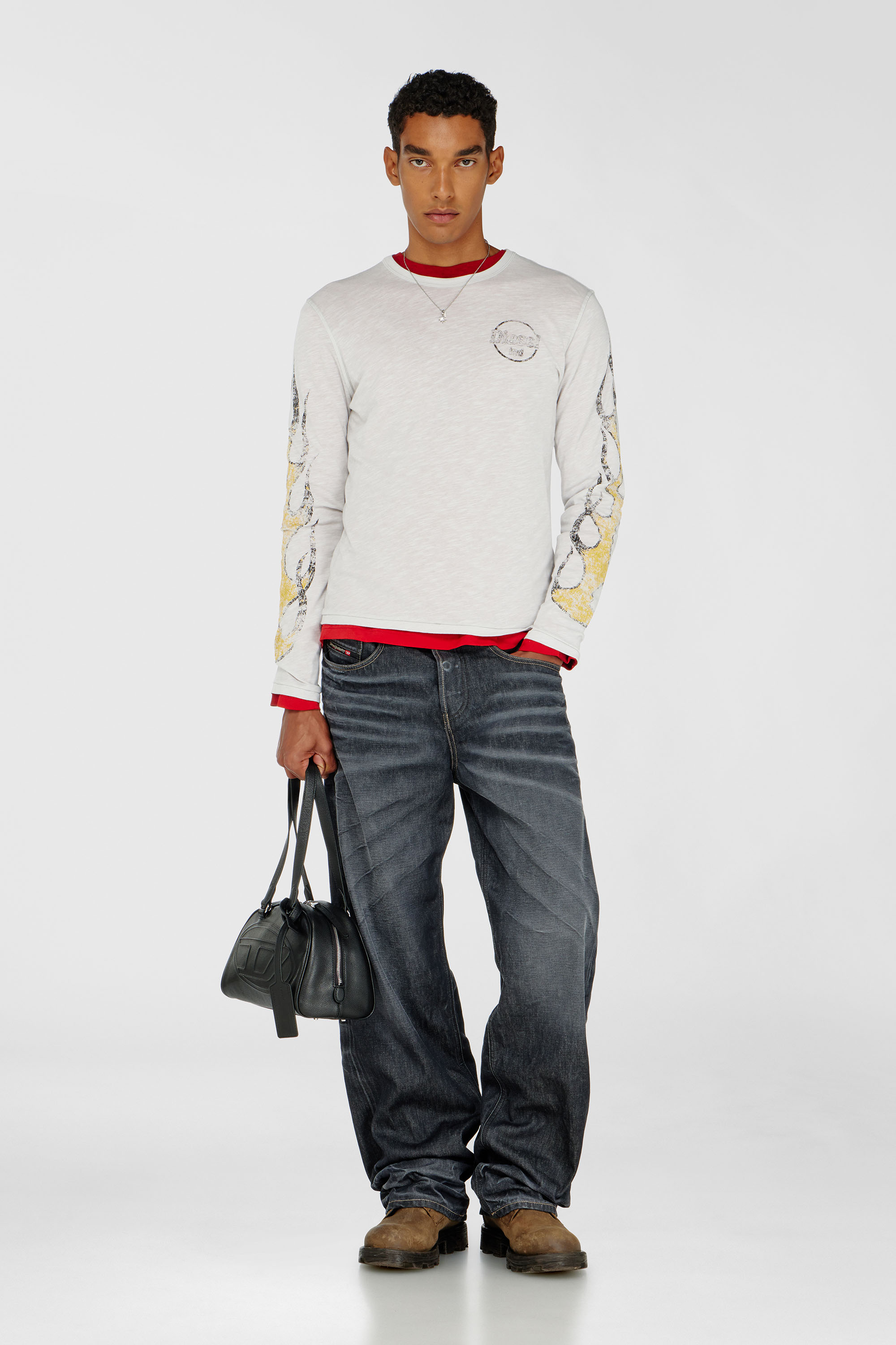 Diesel - T-NOTS-LS, Man's Long-sleeve T-shirt in slub jersey with crack print in White - 1