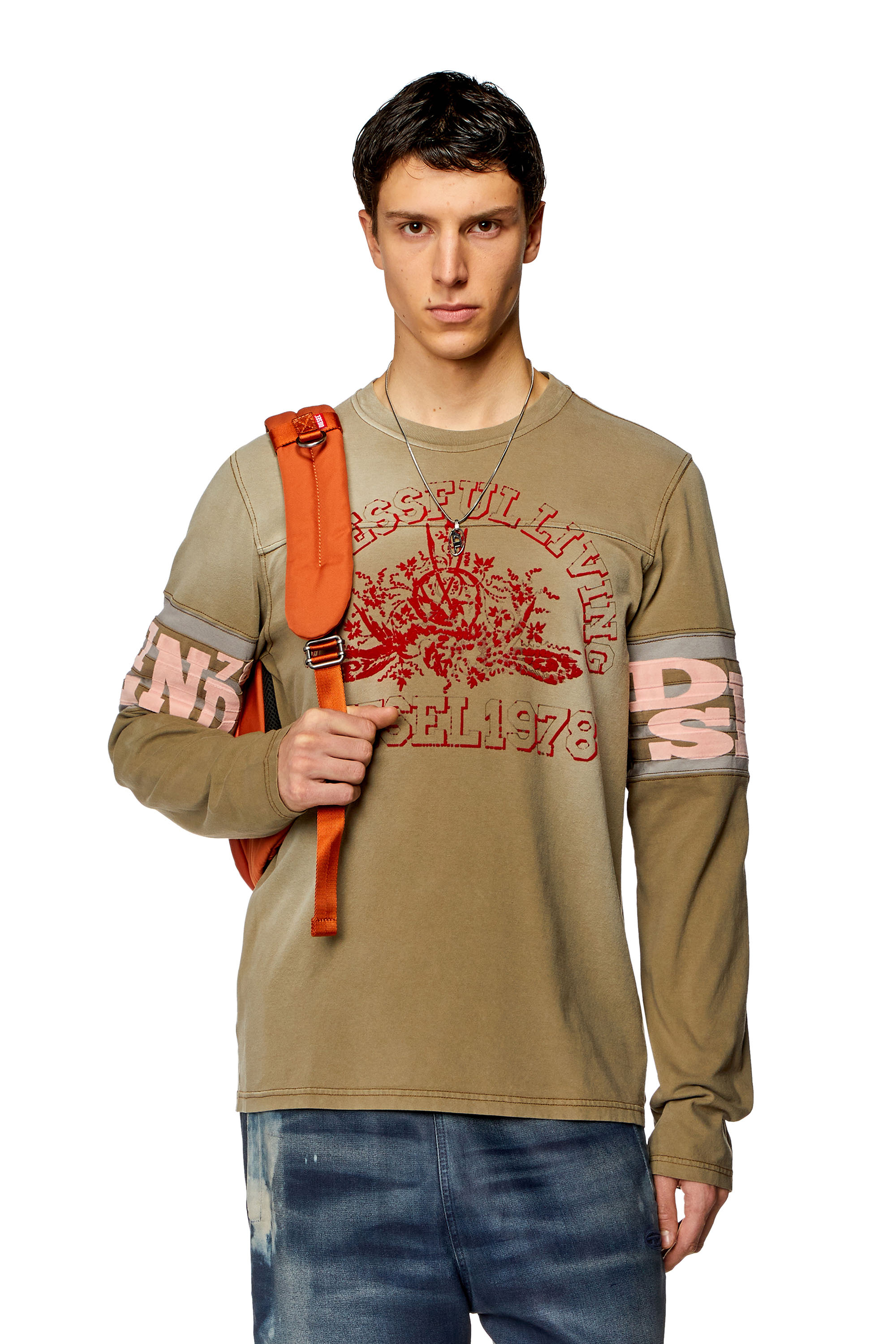 Diesel - T-JU-LS, Man's Long-sleeve T-shirt with flocked logo in Light Brown - 3