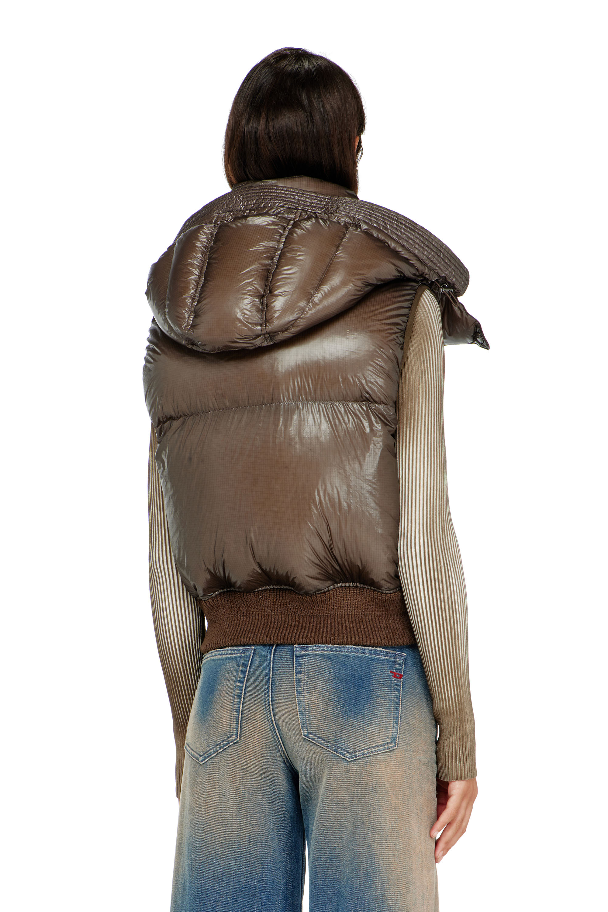 Diesel - W-PEYT-SSL-NEW-T1, Woman's Down vest in ripstop with detachable hood in Brown - 4