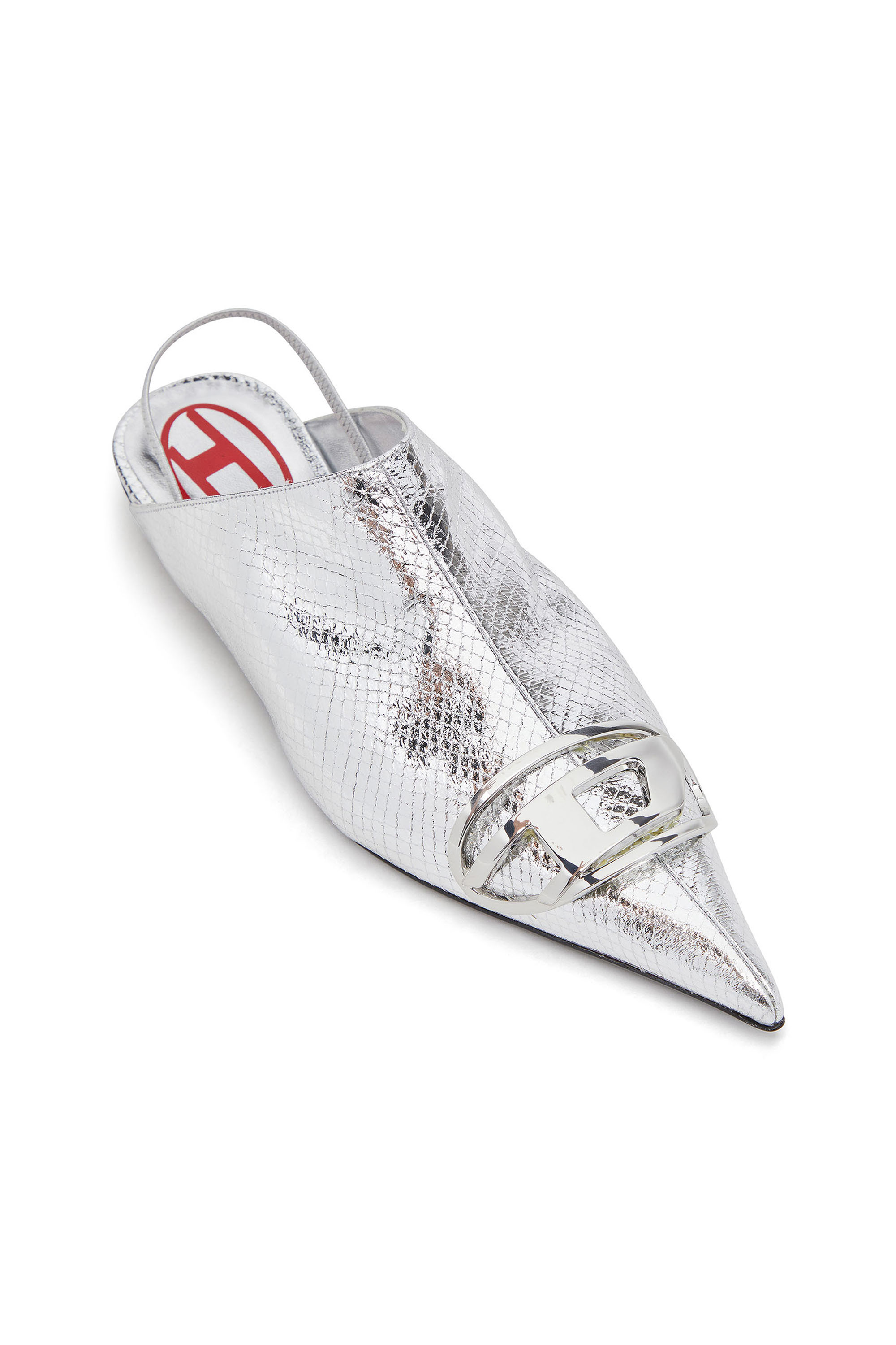 Diesel - D-VENUS B, Woman's D-Venus-Patent snake-effect slingback mules in Silver - 5