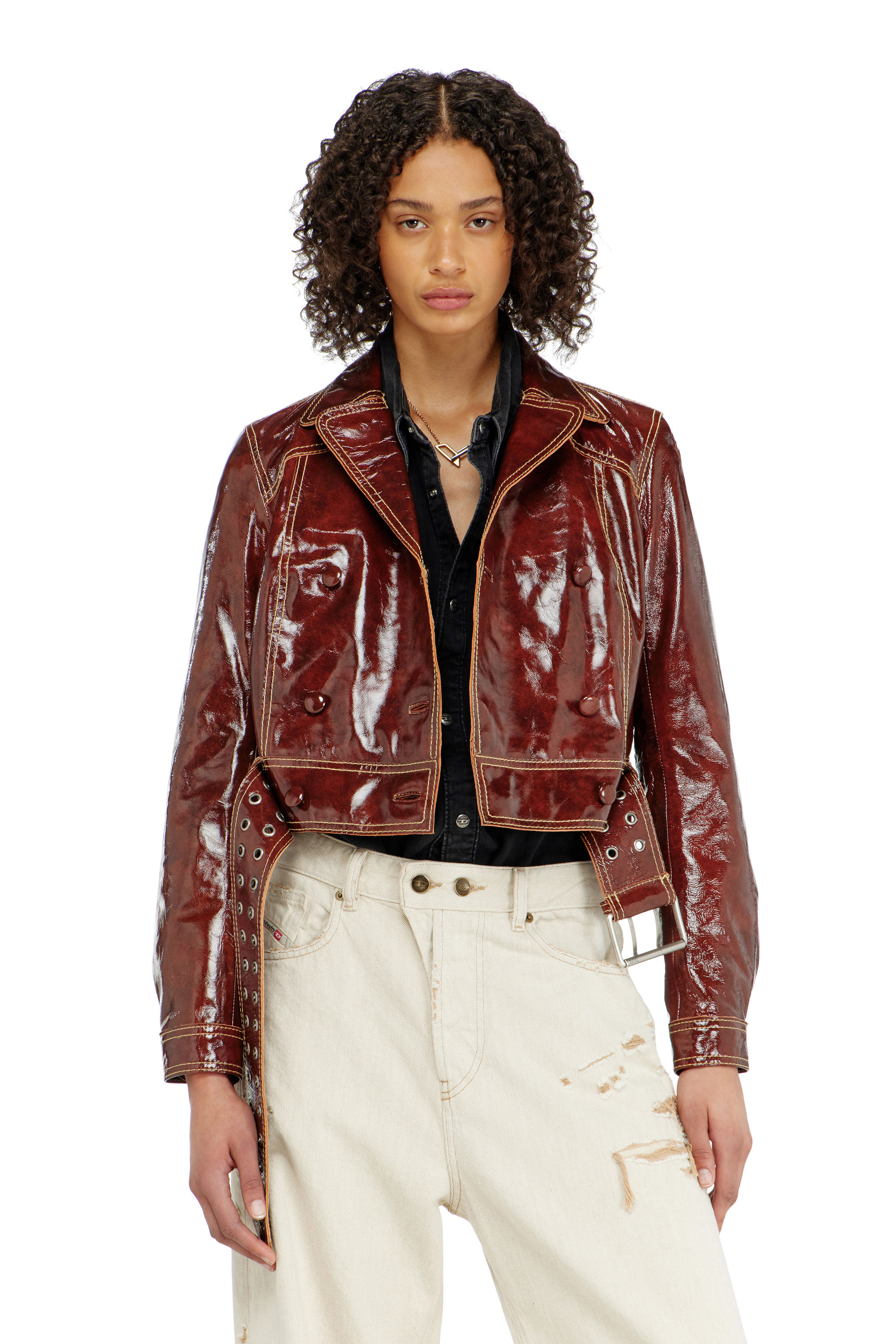 Diesel - L-EGEND, Woman's Patent-leather jacket with large belt in Brown - 1