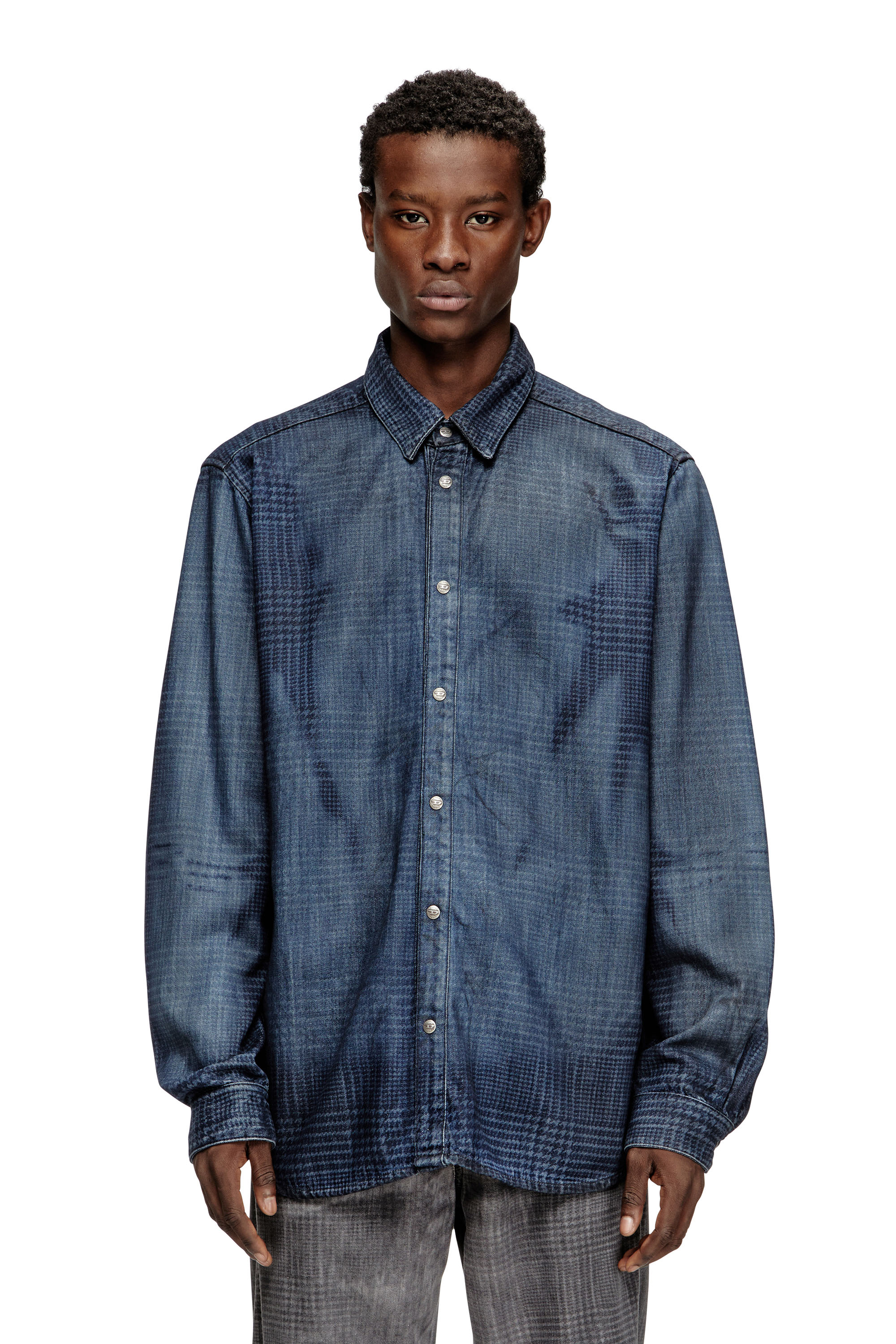 Diesel - D-SIMPLY-S13, Man's Shirt in fluid Prince of Wales denim in Blue - 1