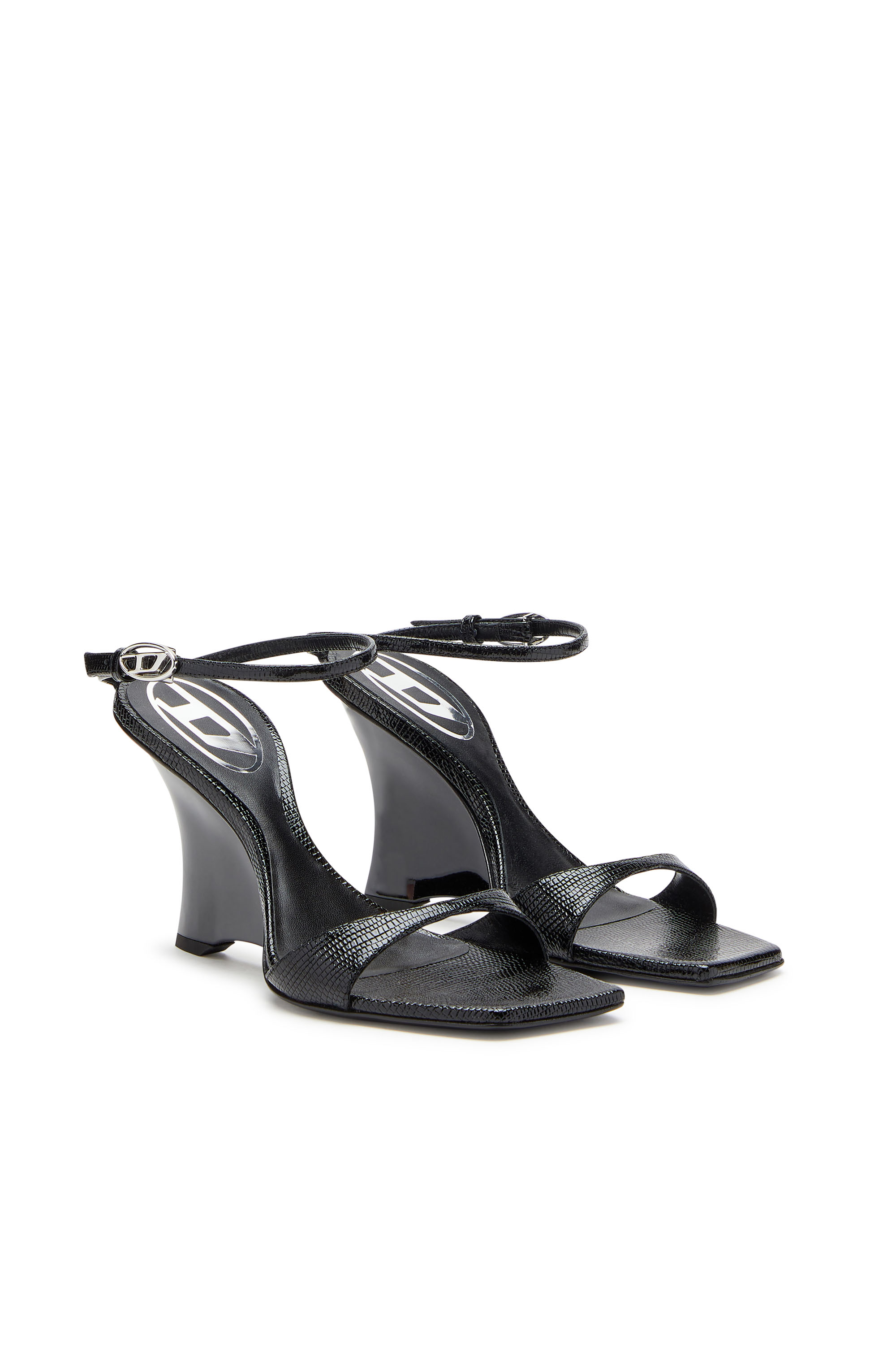 Diesel - D-AMBER SANDAL WEDGE, Woman's D-Amber-Wedge sandals in lizard-effect leather in Black - 2