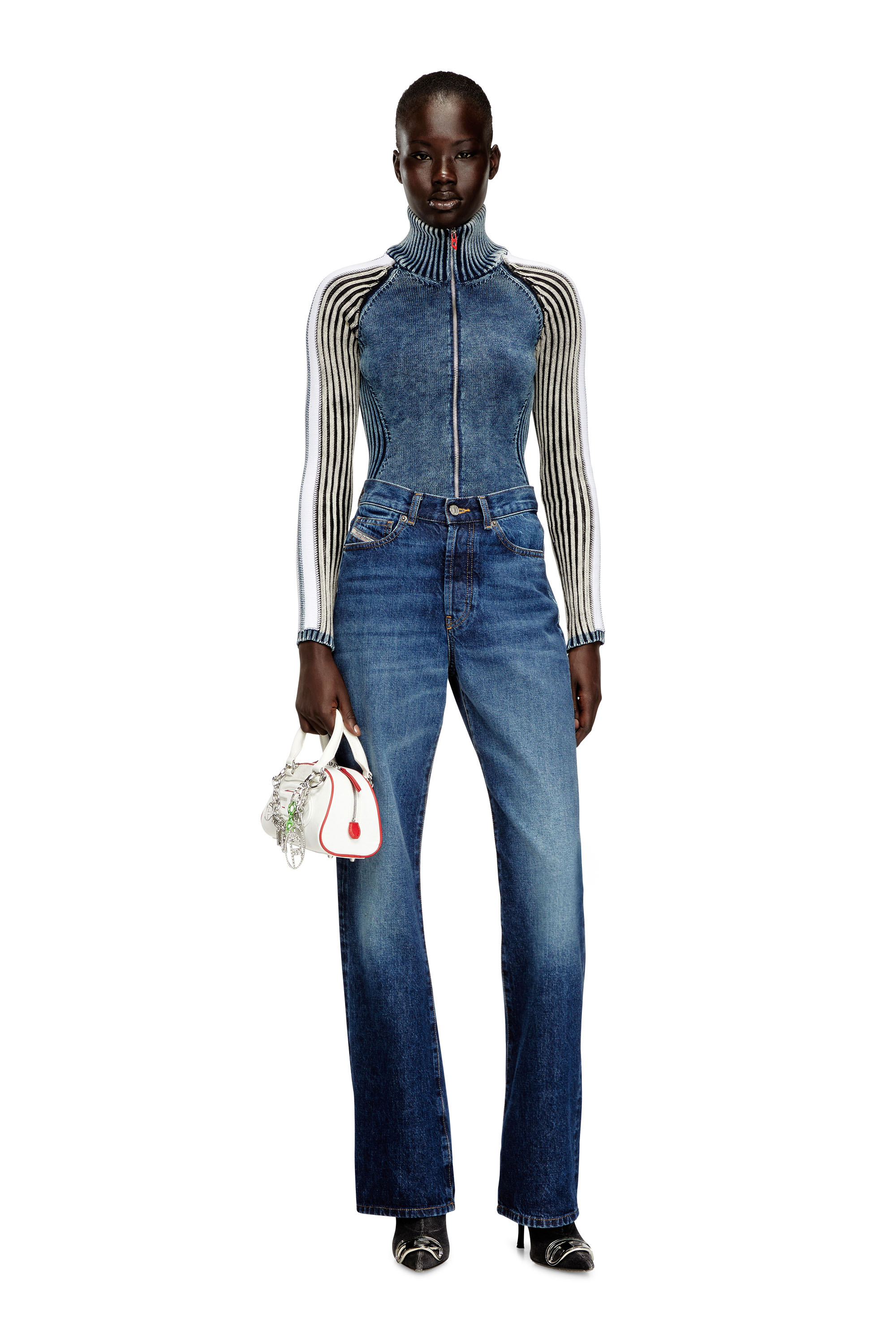 Diesel - M-ESTRELLA, Woman's Zip-up cardigan with sporty bands in Blue/White - 2