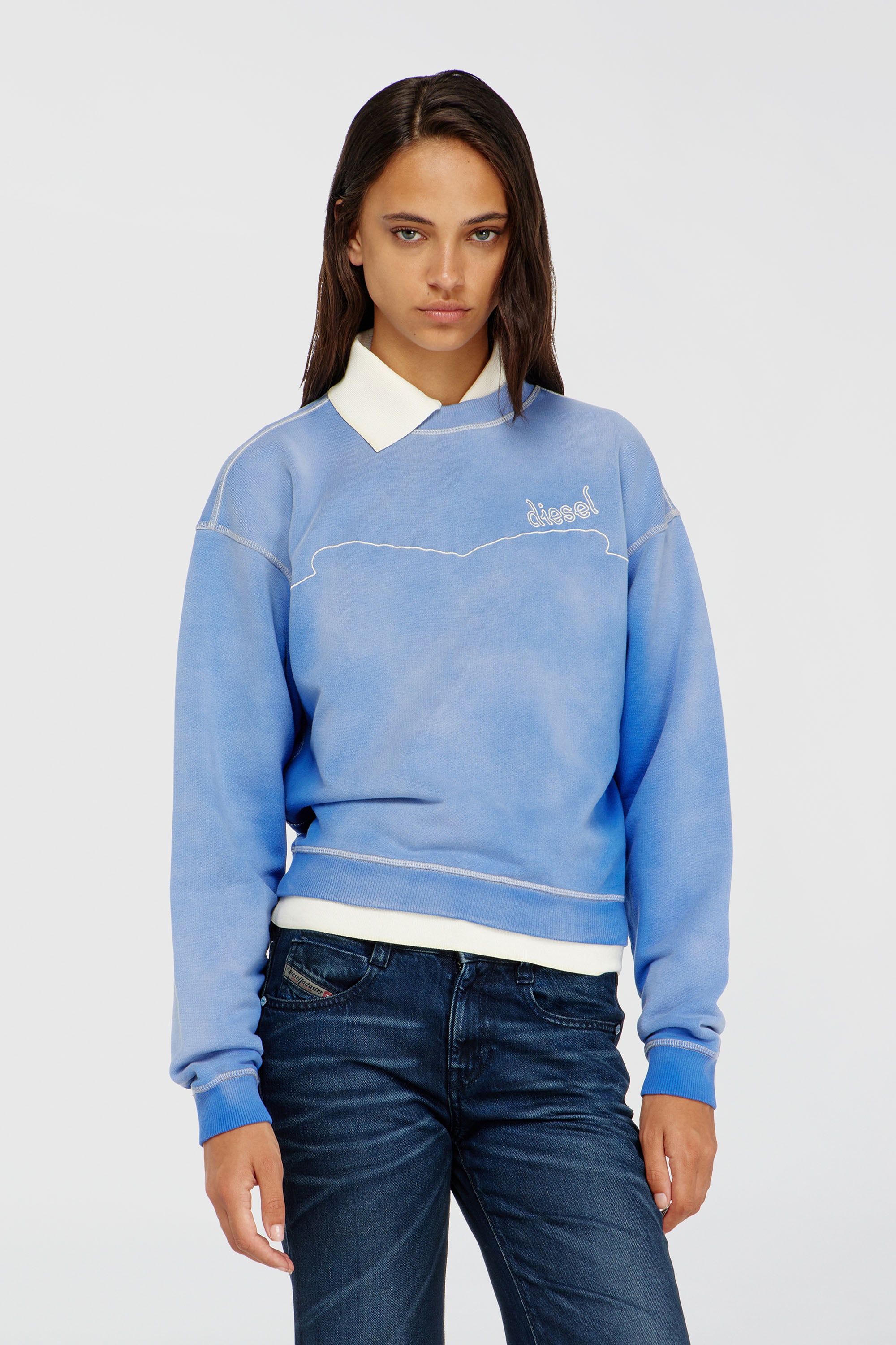Diesel - F-CREW, Woman's Cotton sweatshirt with logo embroidery in Light Blue - 1
