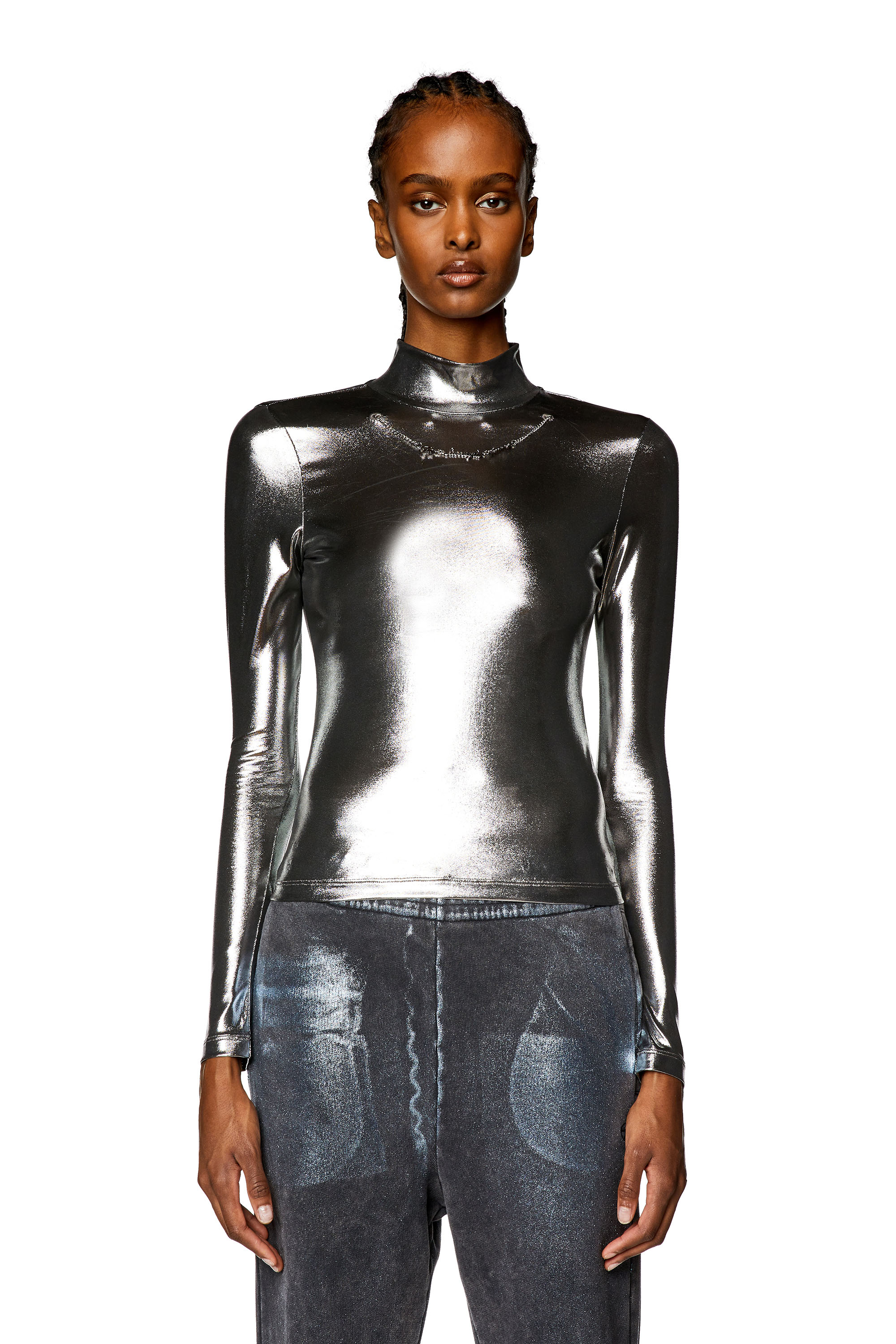 Diesel - T-META, Woman's Metallic top with chain detail in Black - 6