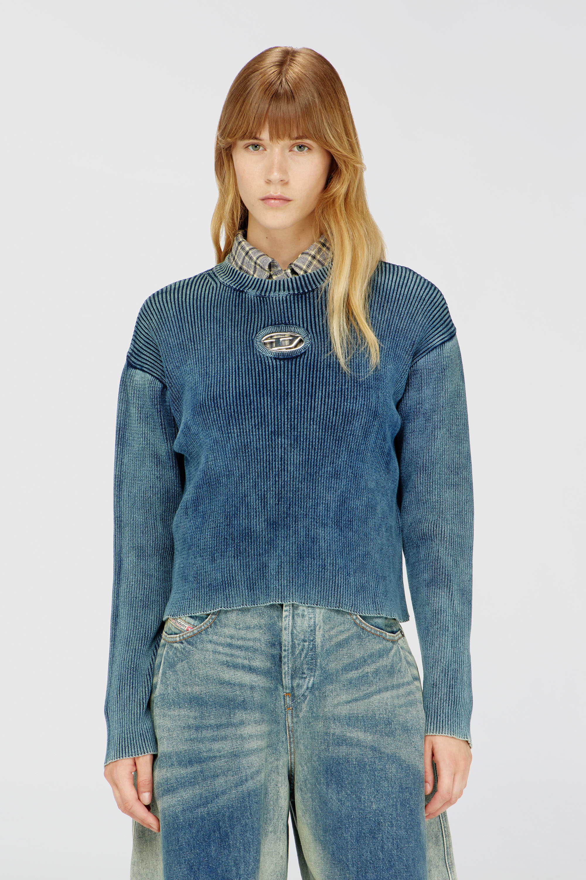 Diesel - M-ANCHOREX, Woman's Cut-out ribbed jumper with Oval D plaque in Blue - 1