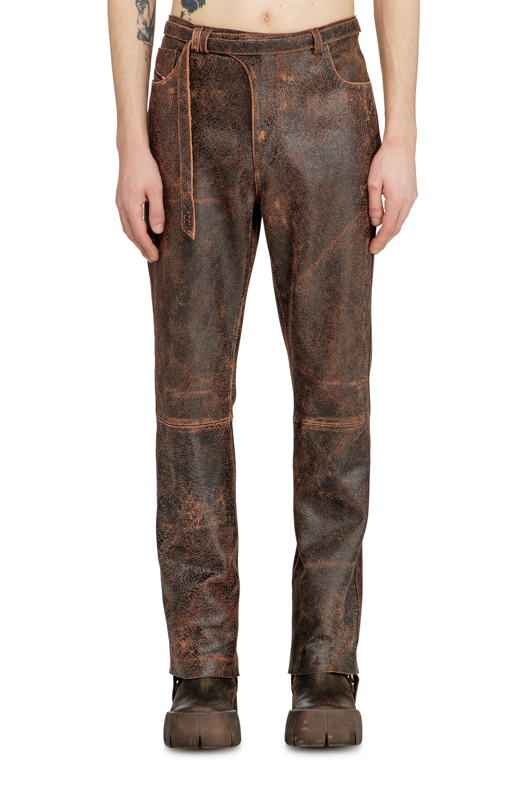 Diesel - P-NURI, Man's Cracked-leather pants with biker strap detail in Brown - 2