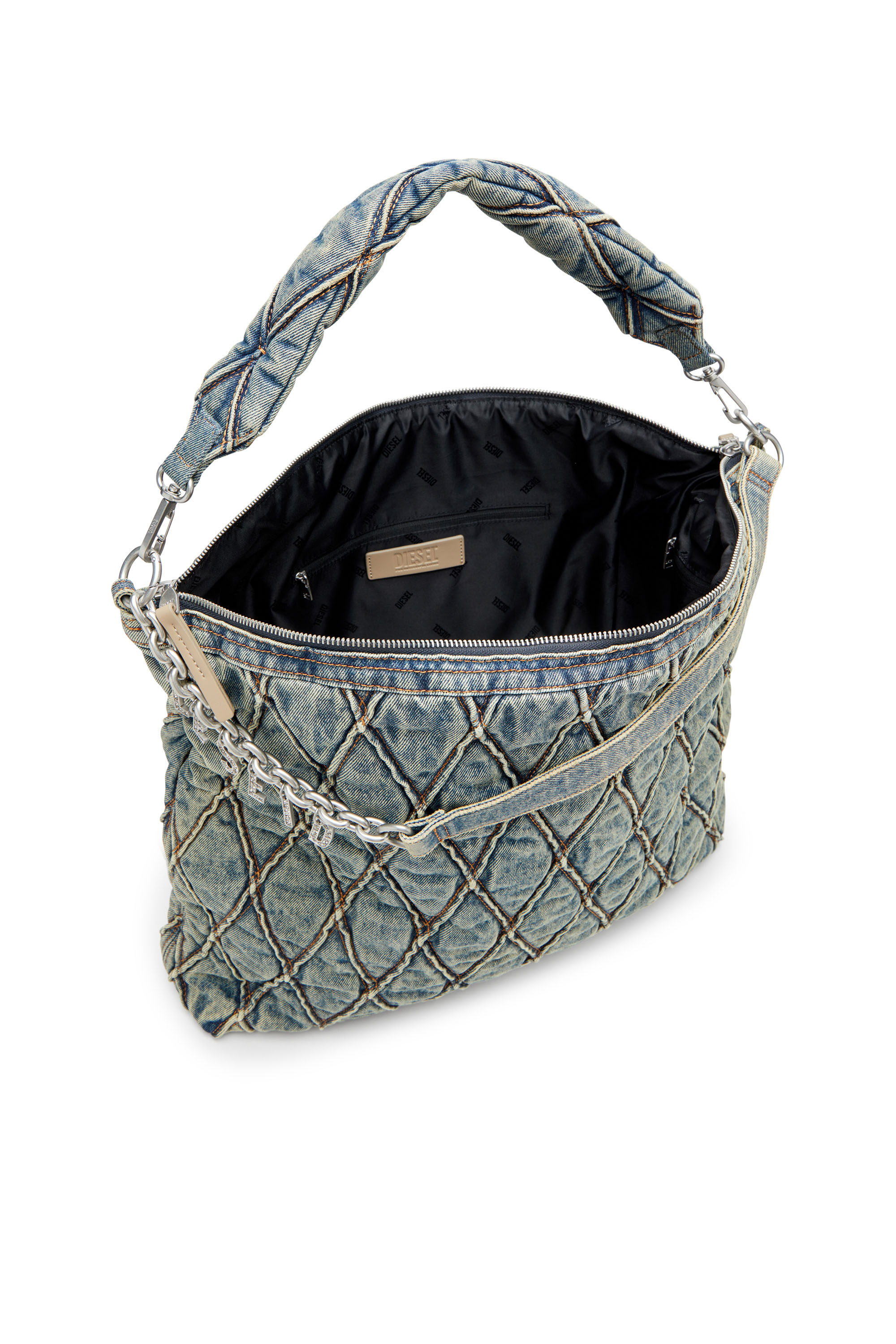 Diesel - CHARM-D HOBO, Woman's Charm-D-Large hobo in argyle quilted denim in Blue - 4