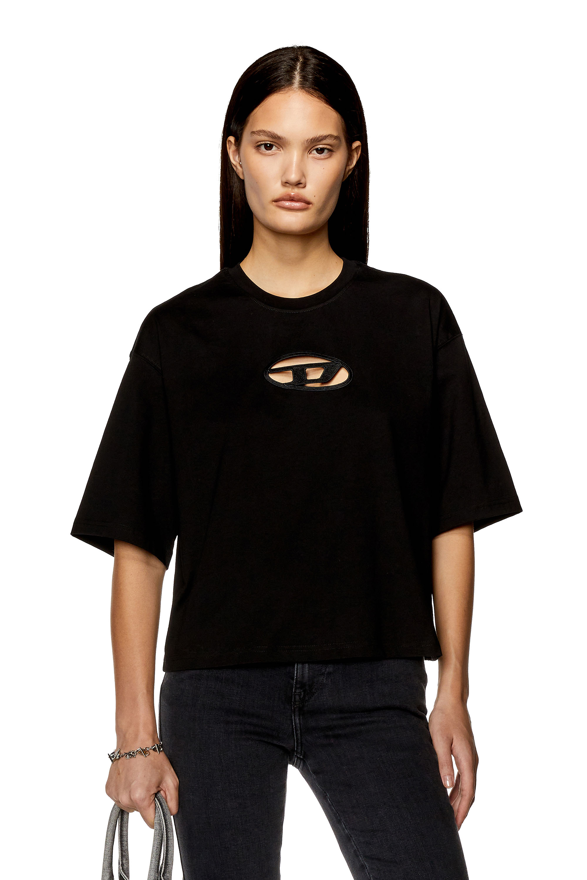 Diesel - T-BUXT-CROP-OD, Woman Boxy T-shirt with cut-out Oval D logo in Black - Image 1