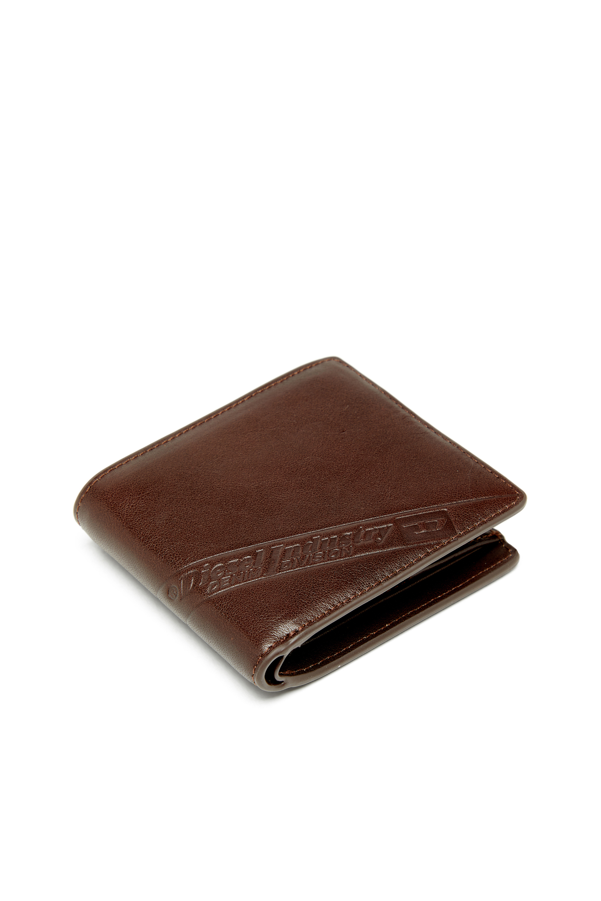 Diesel - FLAG-D BI-FOLD COIN S 3D, Man's Bi-fold leather wallet with embossed logo in Brown - 4