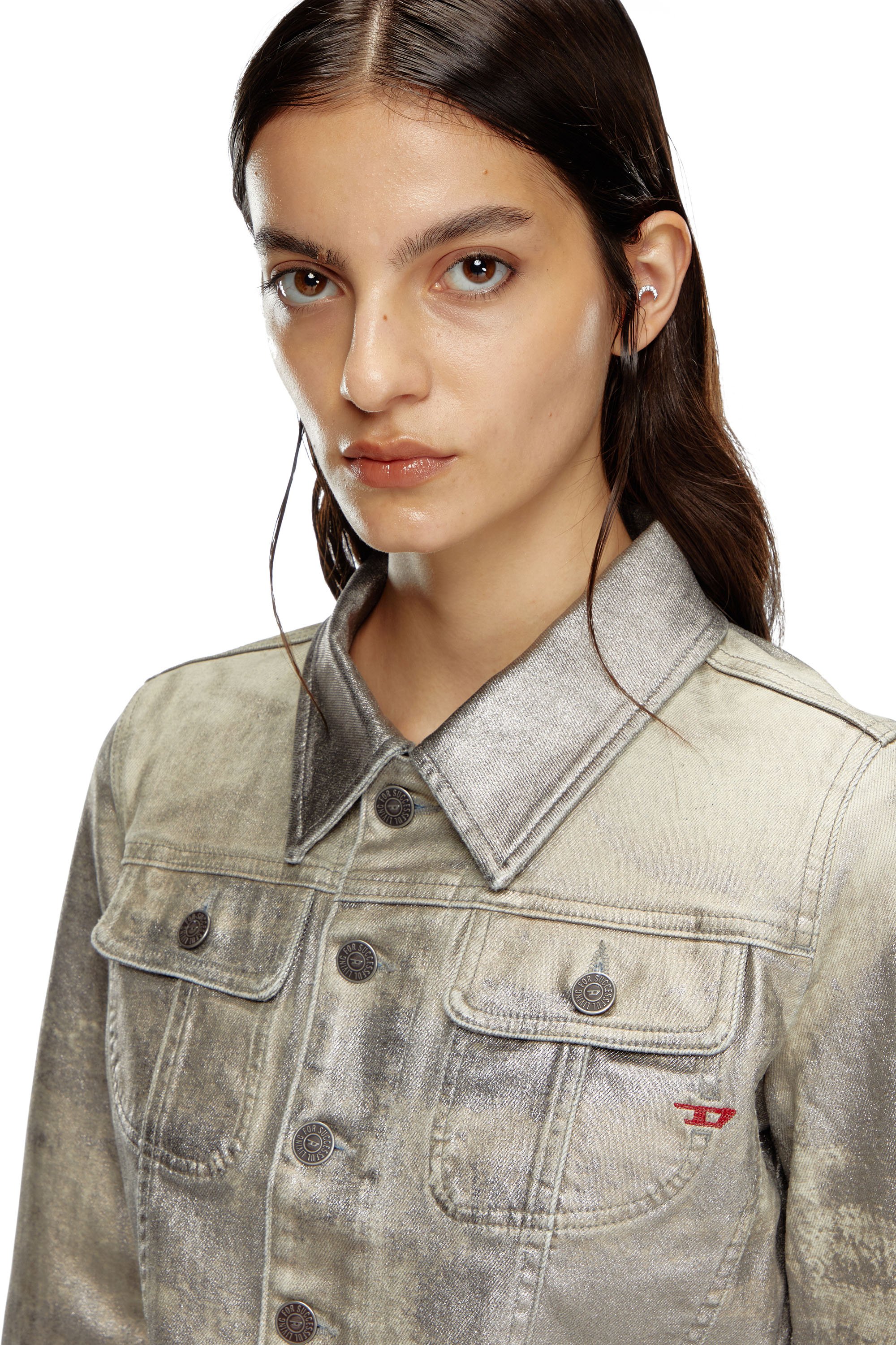 Diesel - DE-SLIMMY-S1, Woman's Trucker jacket in shiny denim canvas in Grey - 4