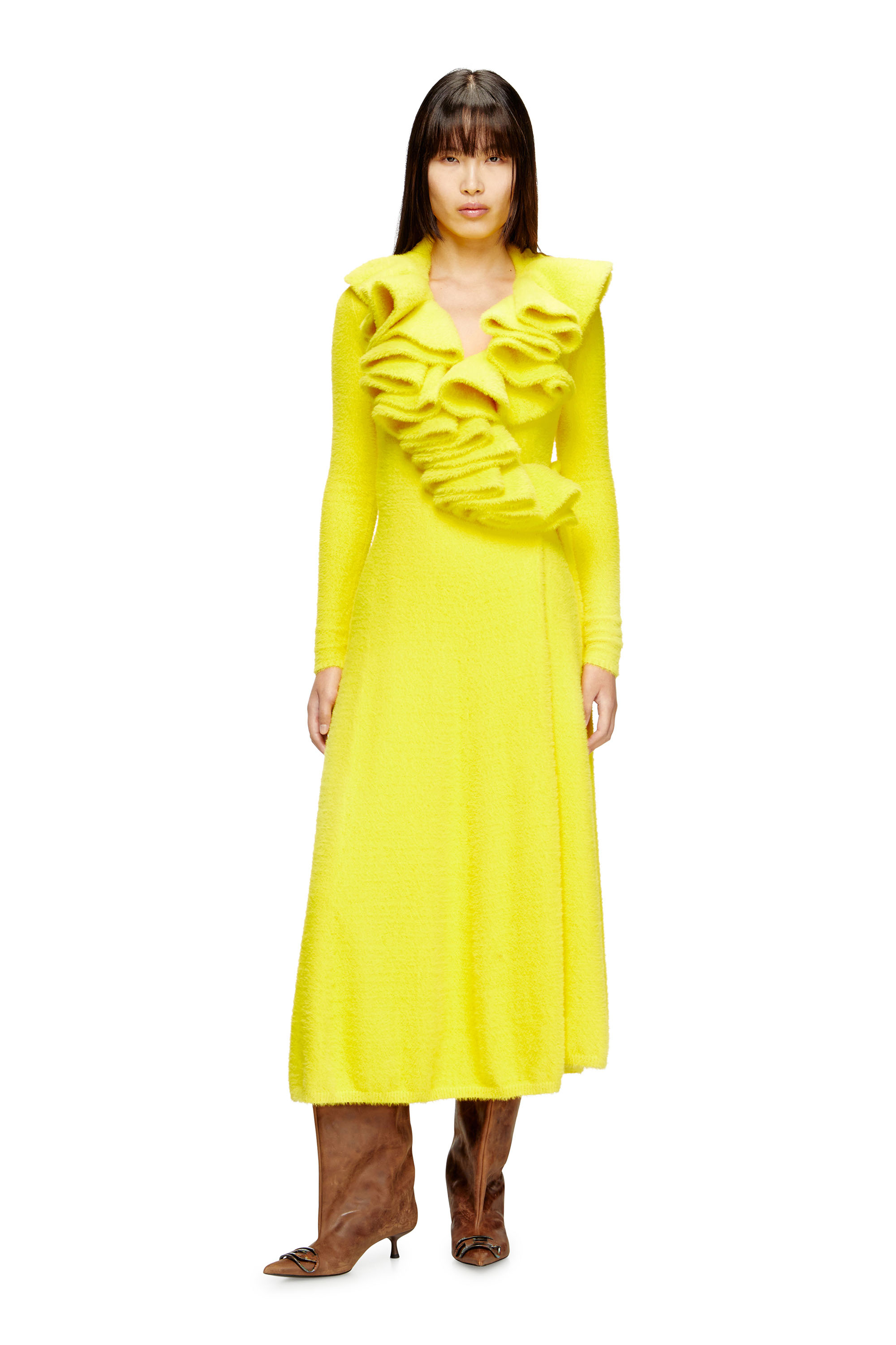 Diesel - M-INGELINA, Woman's Fluffy midi dress with ripple neck in Yellow - 1