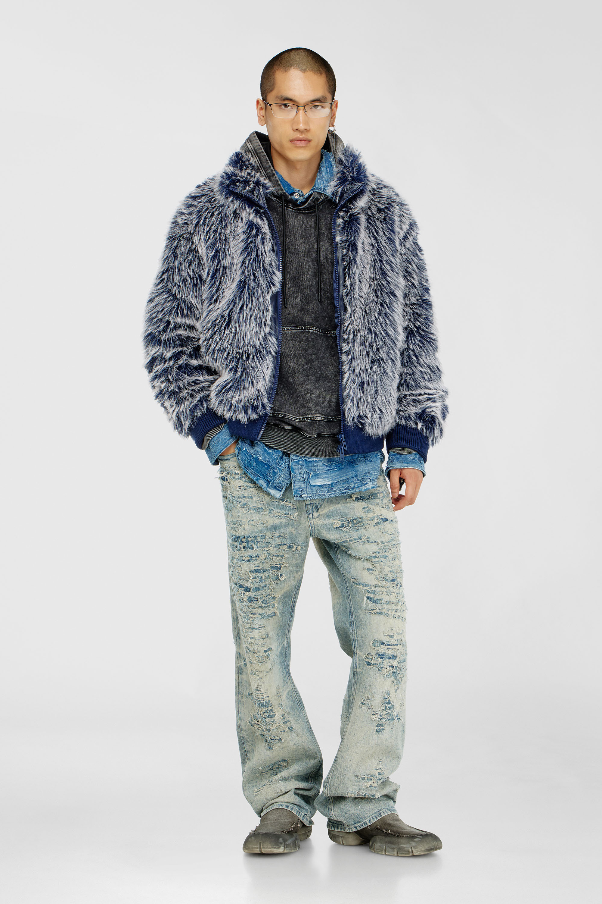 Diesel - W-VICTOR, Man's Shaggy winter jacket in Medium blue - 1