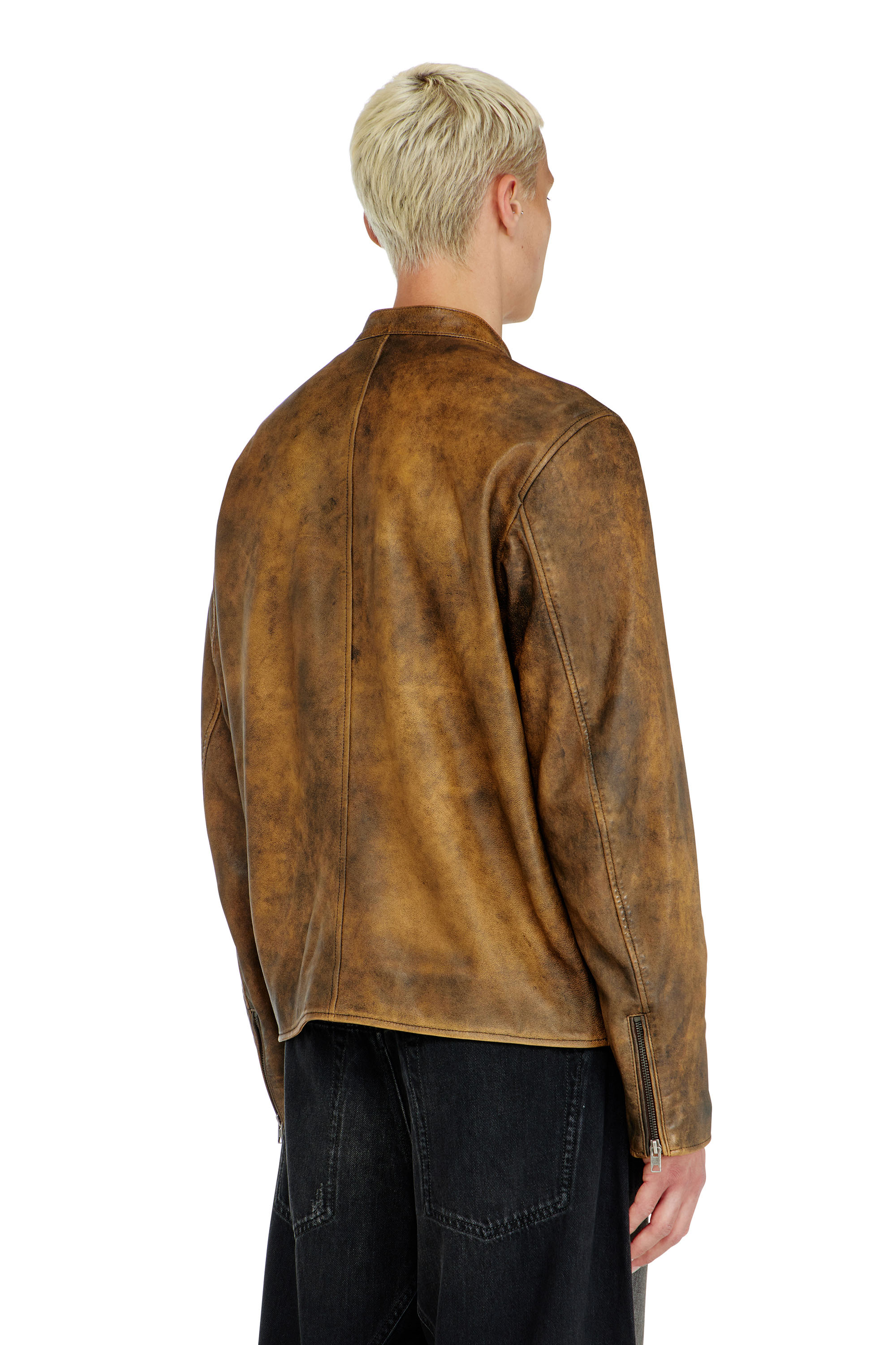Diesel - L-ZAD-KNCZ, Man's Biker jacket in treated leather in Light Brown - 4