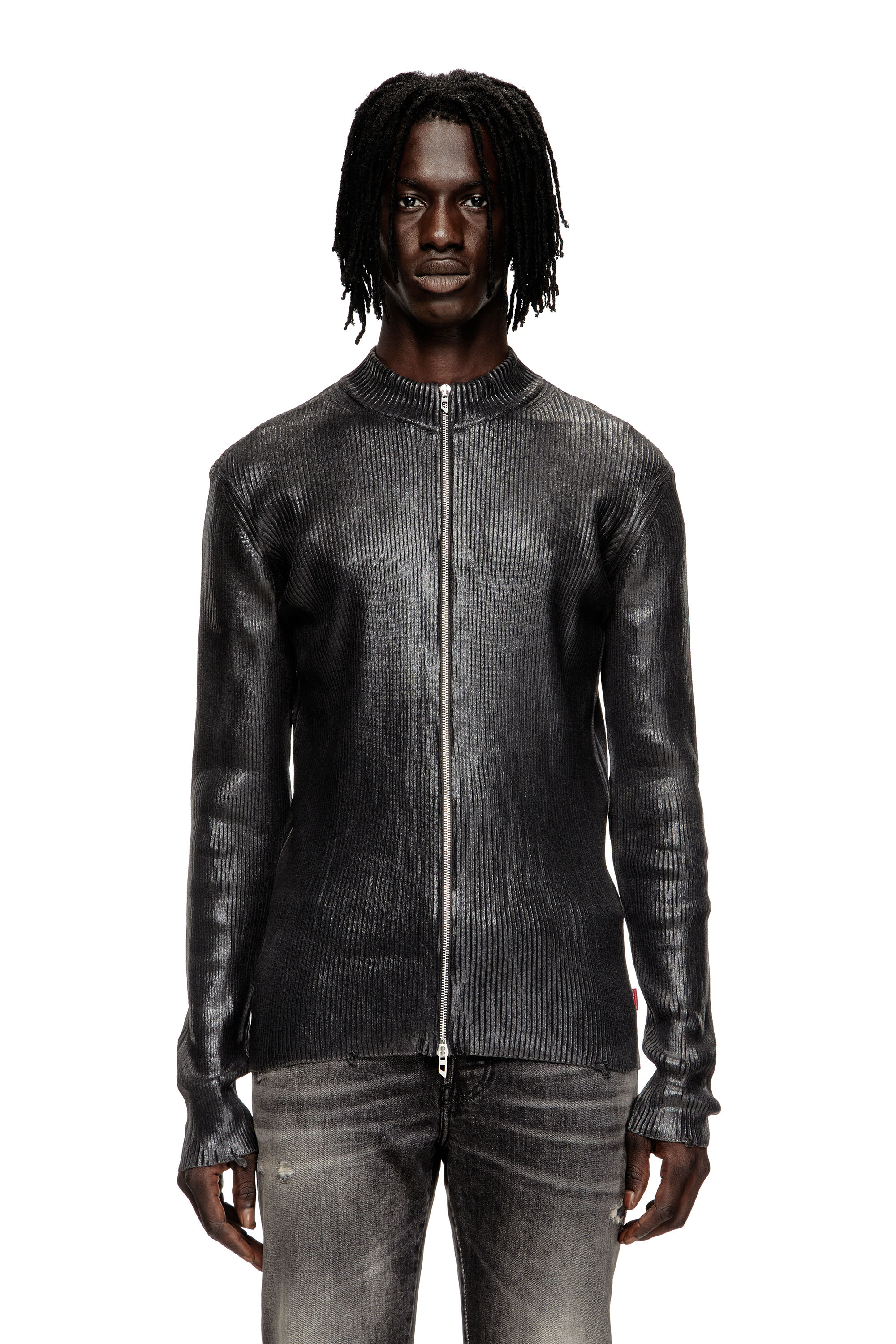 Men's Denim-yarn zip cardigan with shiny effect | Black | Diesel
