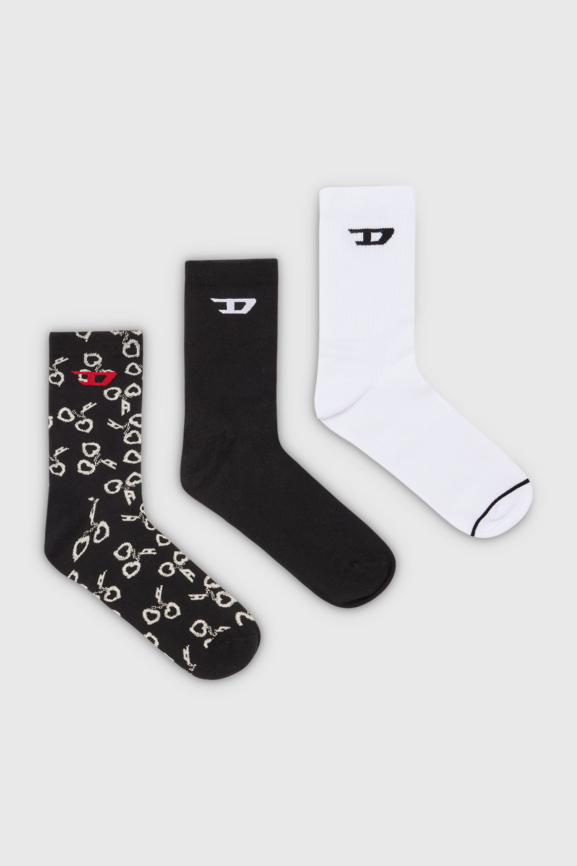Diesel - SKM-RAY-THREEPACK, Man's 3-pack socks with handcuff motif in Black/White - 1
