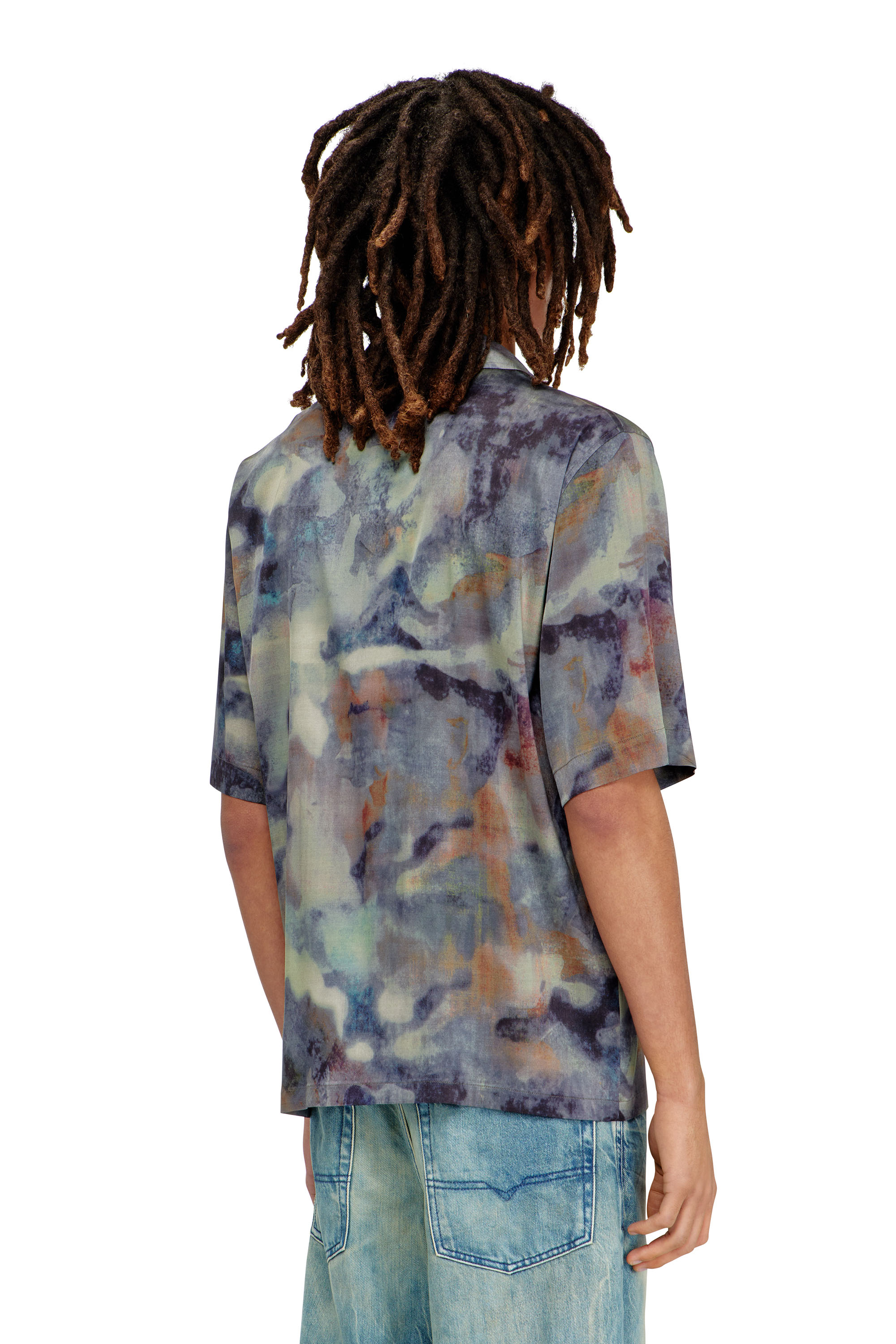 Diesel - S-BRACK-DMBN, Man's Satin shirt with all-over camo print in Blue/Brown - 4