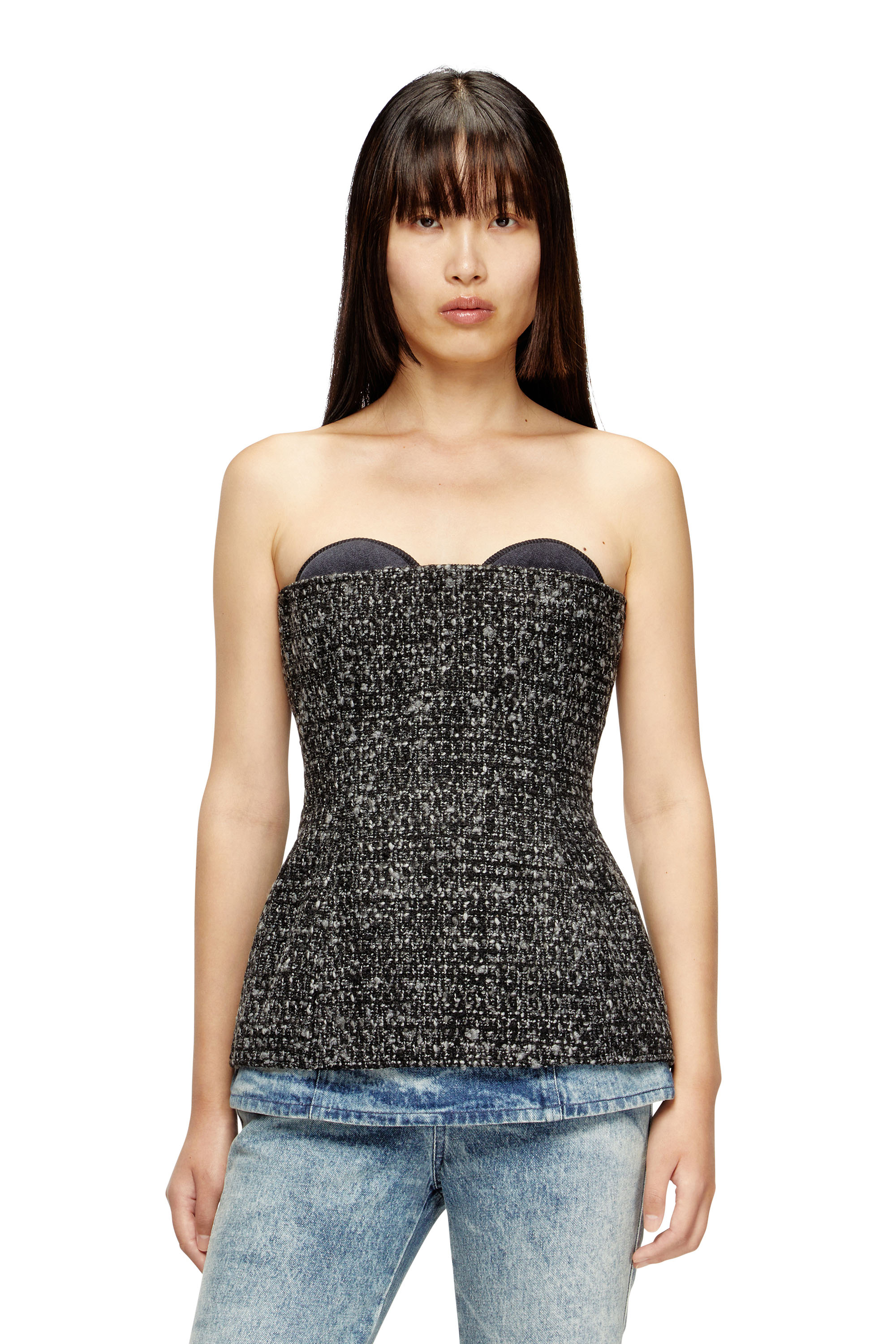 Diesel - T-ORSET, Woman's Bouclé corset top with ultra-low cut in Black - 1