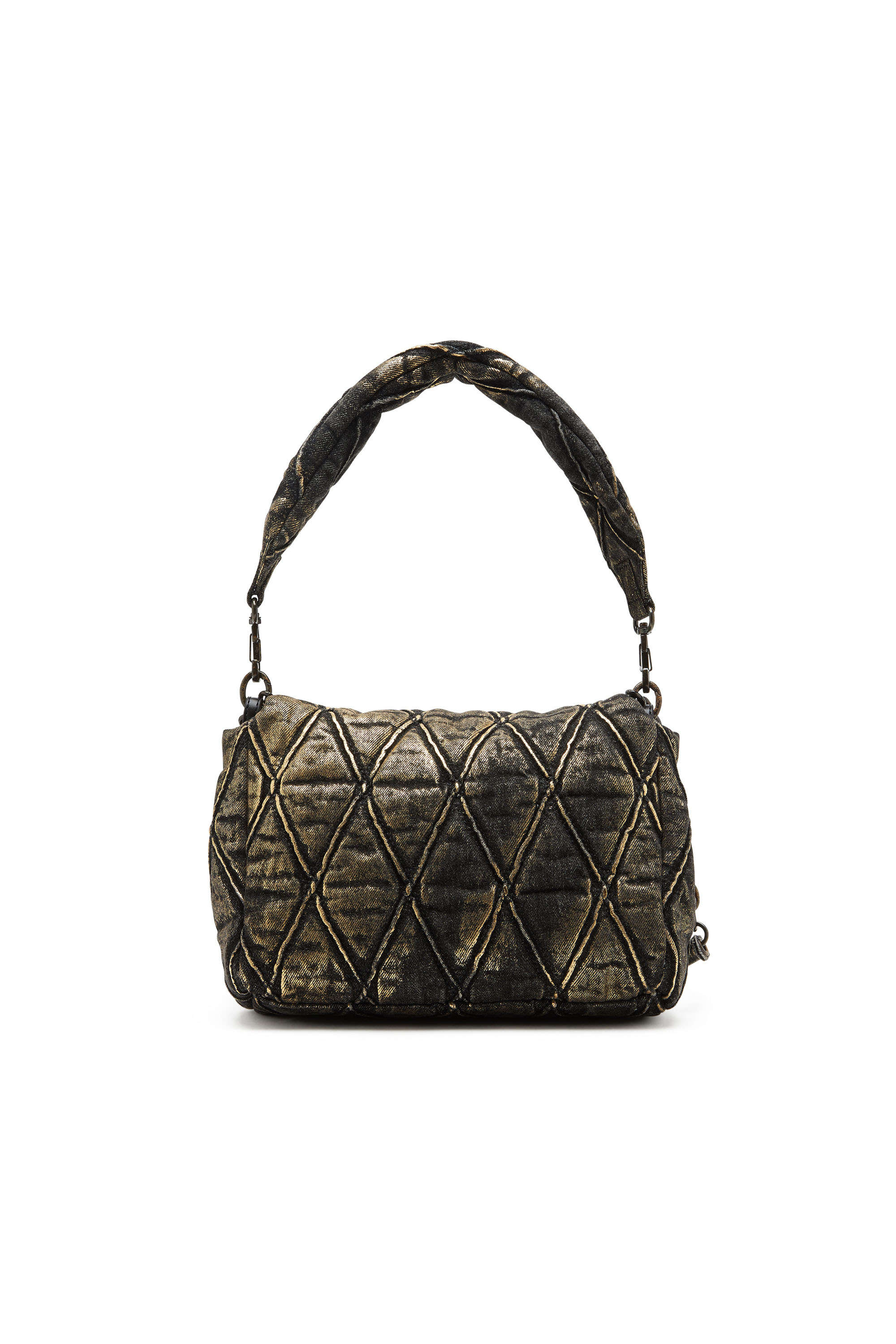 Diesel - CHARM-D SHOULDER M, Woman's Charm-D M-Shoulder bag in metallic quilted denim in Black/Gold - 2