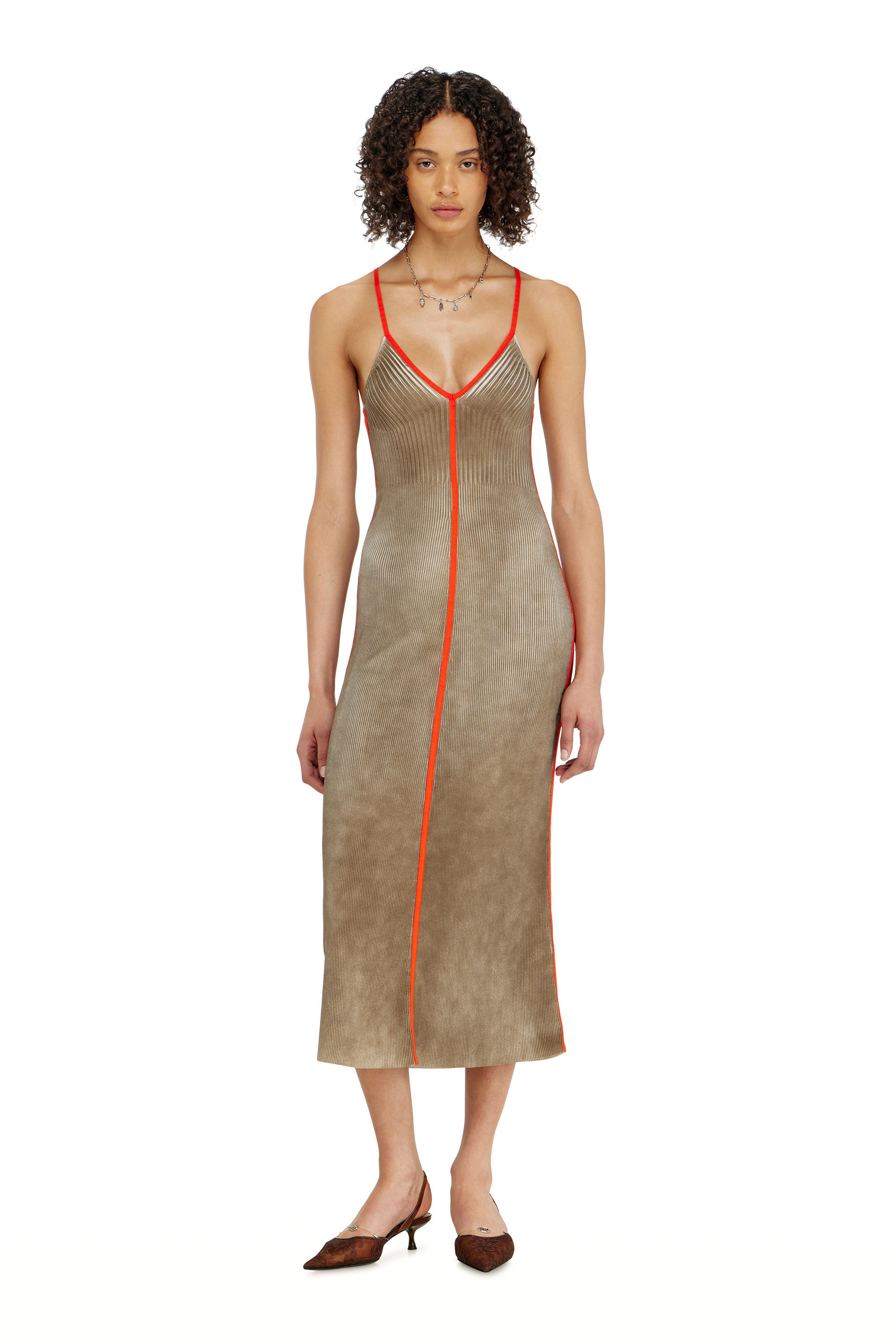 Diesel - M-SARMELA, Woman's Rib-knit midi cami dress with contrast bands in Red/Brown - 1