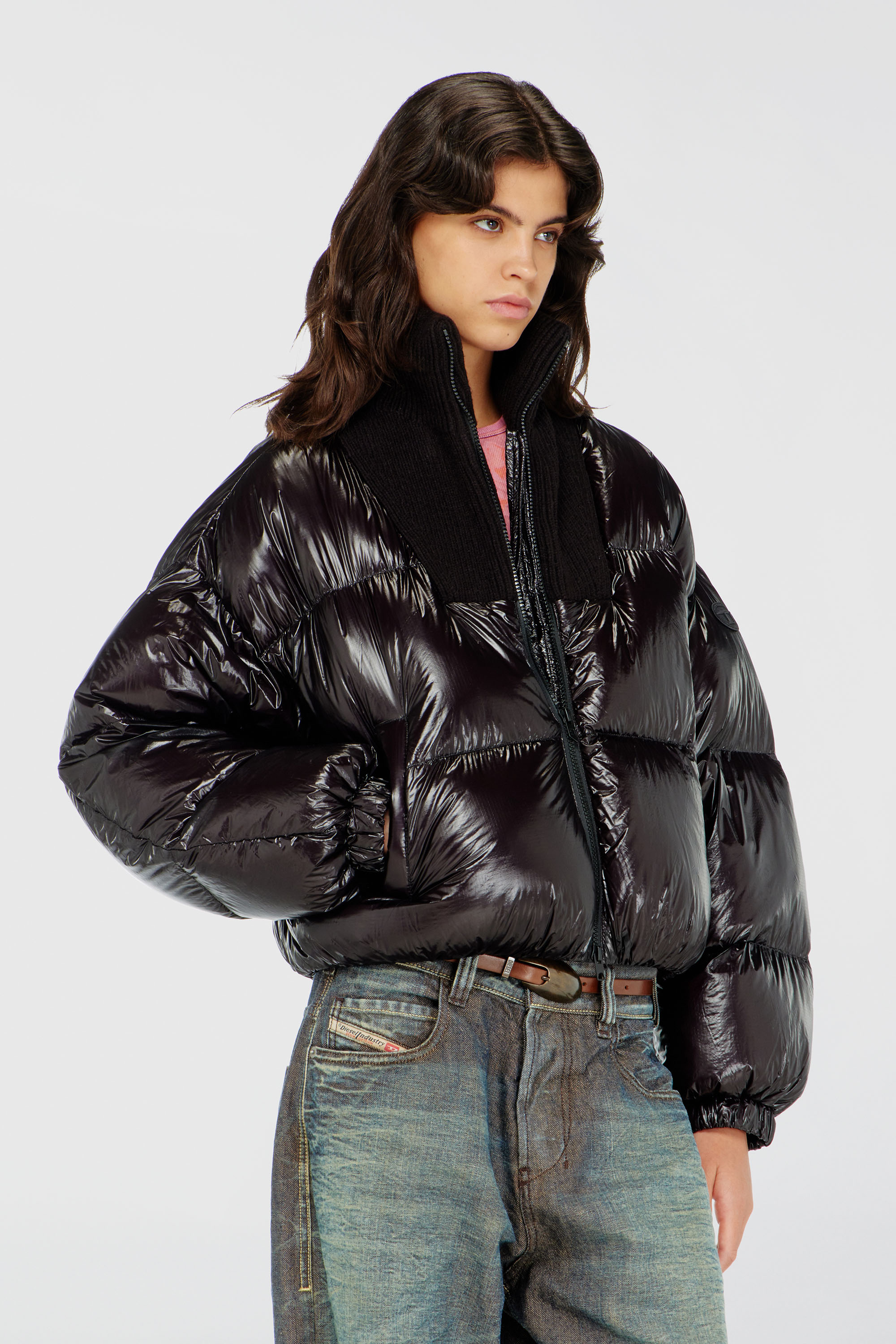 Diesel - W-ARRIOR, Woman's Down puffer jacket in ripstop with knitted collar in Black - 3