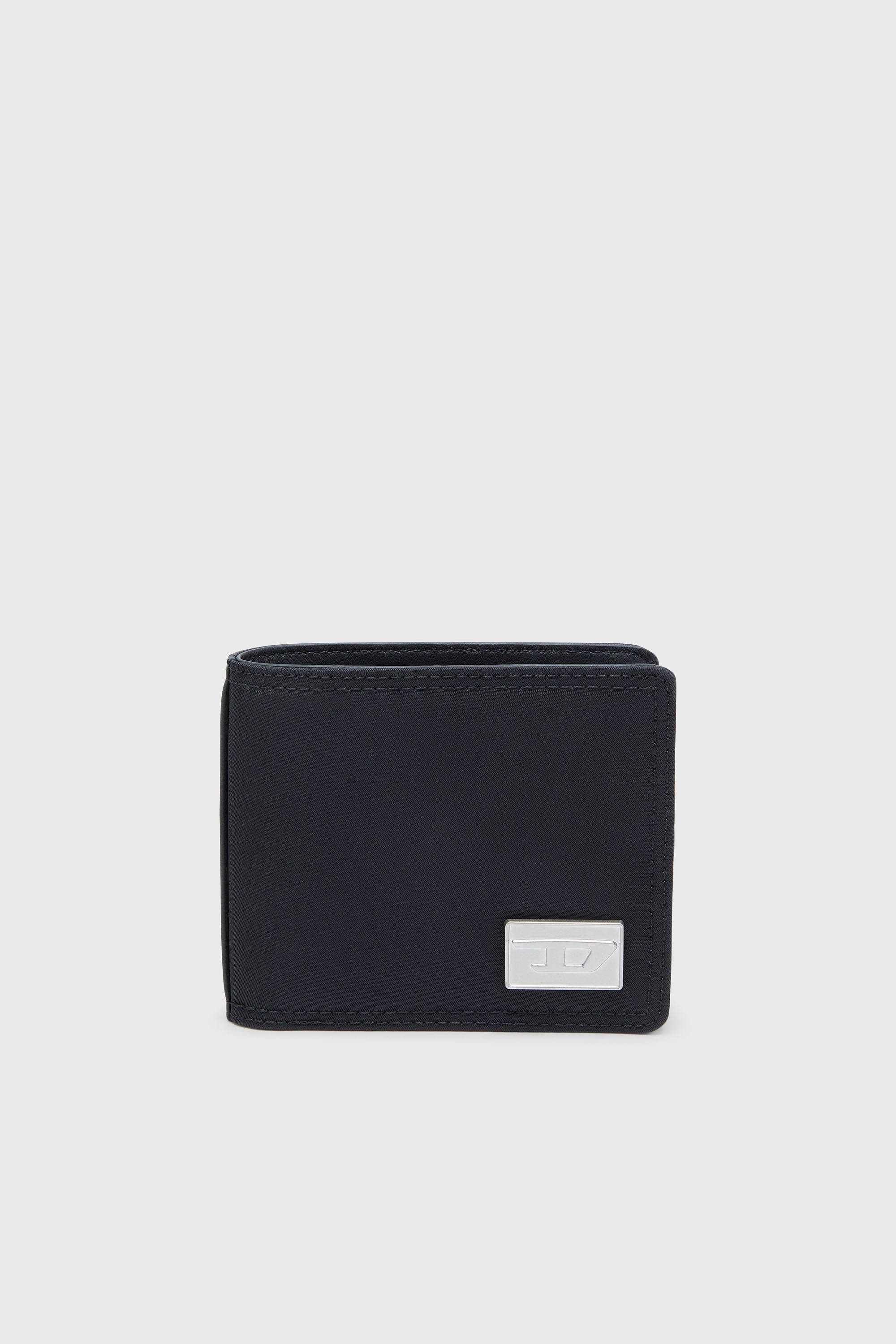 Diesel - MULTI-PKTS BI FOLD COIN S 3D, Man's Leather bi-fold wallet with metal logo plaque in Black - 1