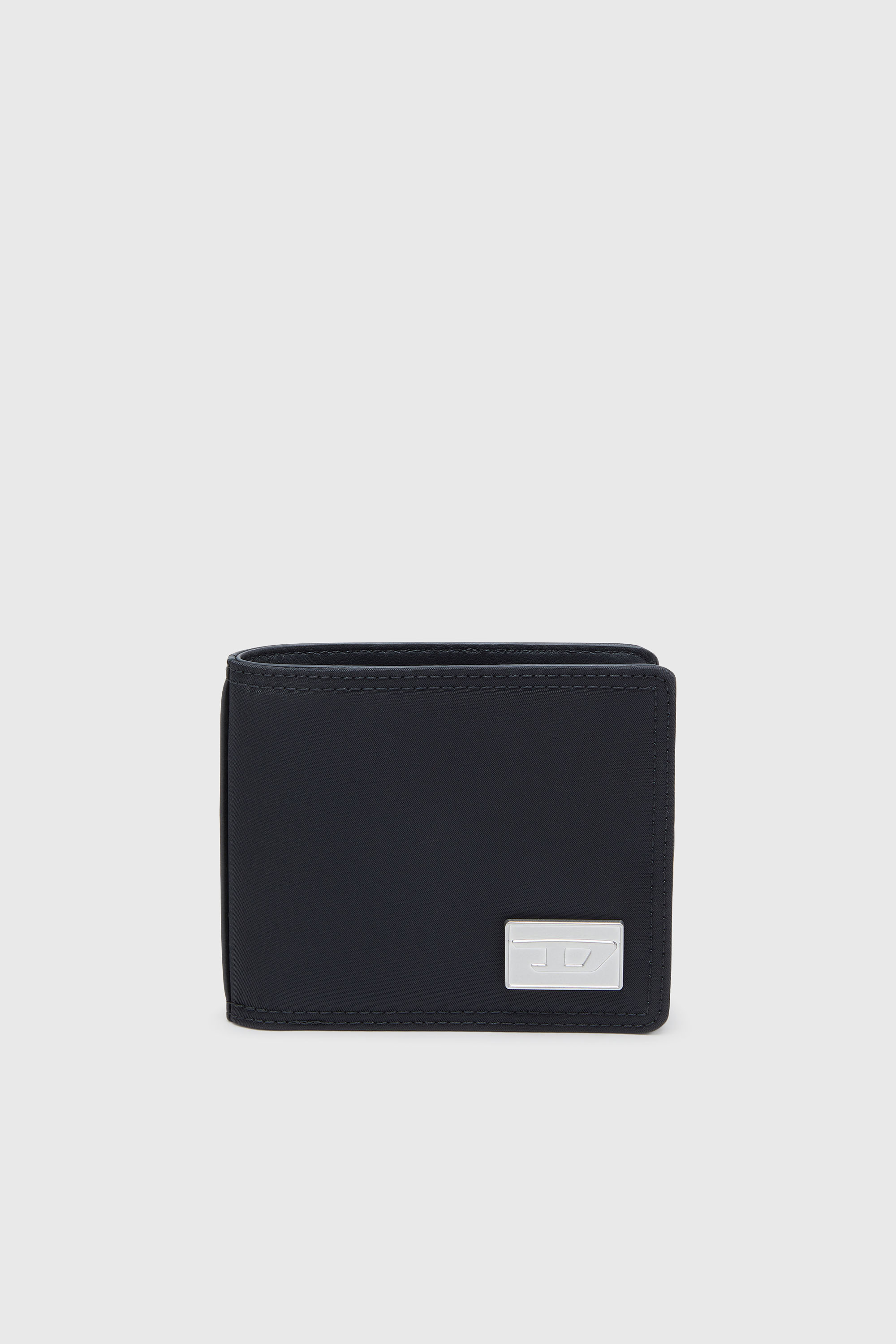 Diesel - MULTI-PKTS BI FOLD COIN S 3D, Man's Leather bi-fold wallet with metal logo plaque in Black - 1