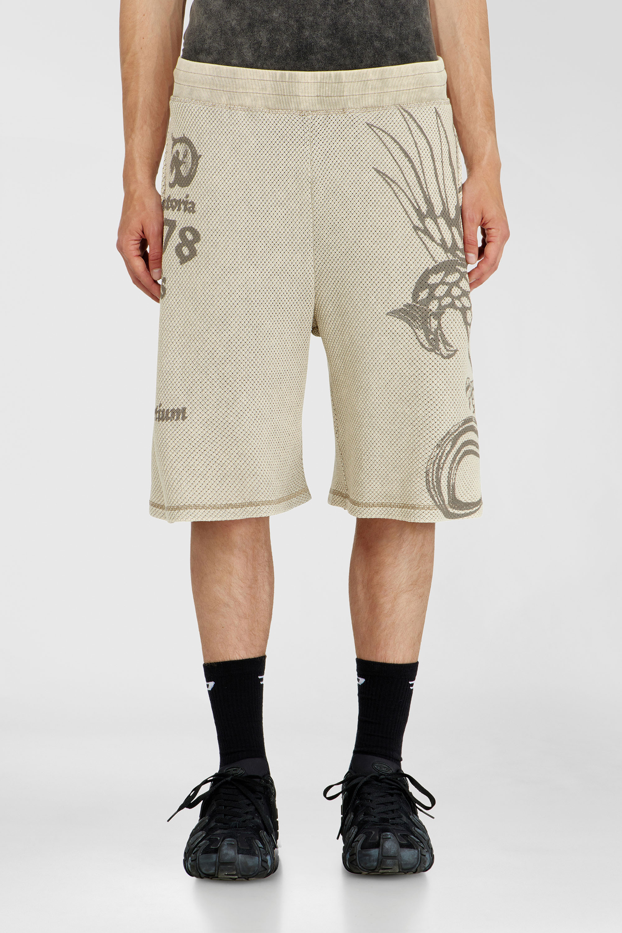 Diesel - P-ERRY, Man's Mesh cotton sweatshorts with prints in Beige - 3