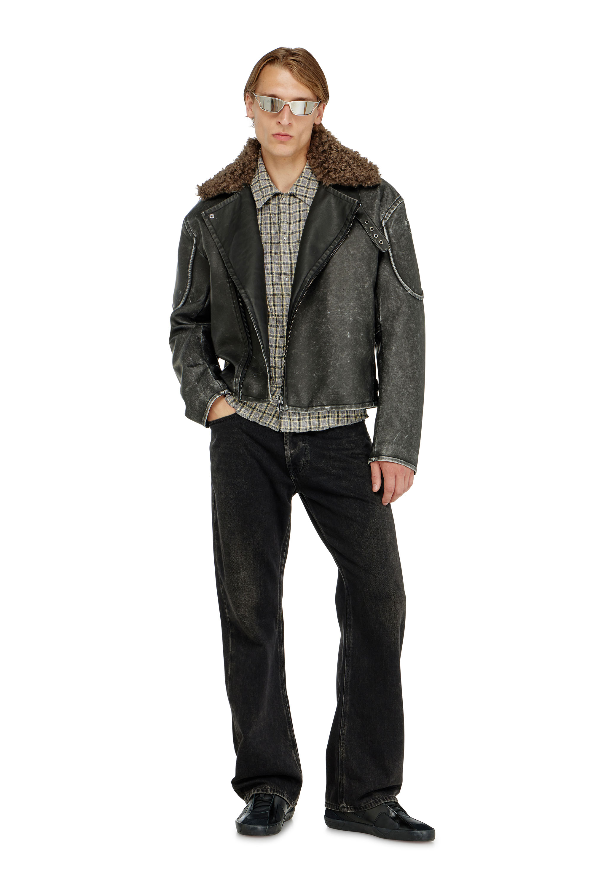 Diesel - W-ALEX, Man's Biker jacket with detachable collar in Dark grey - 2