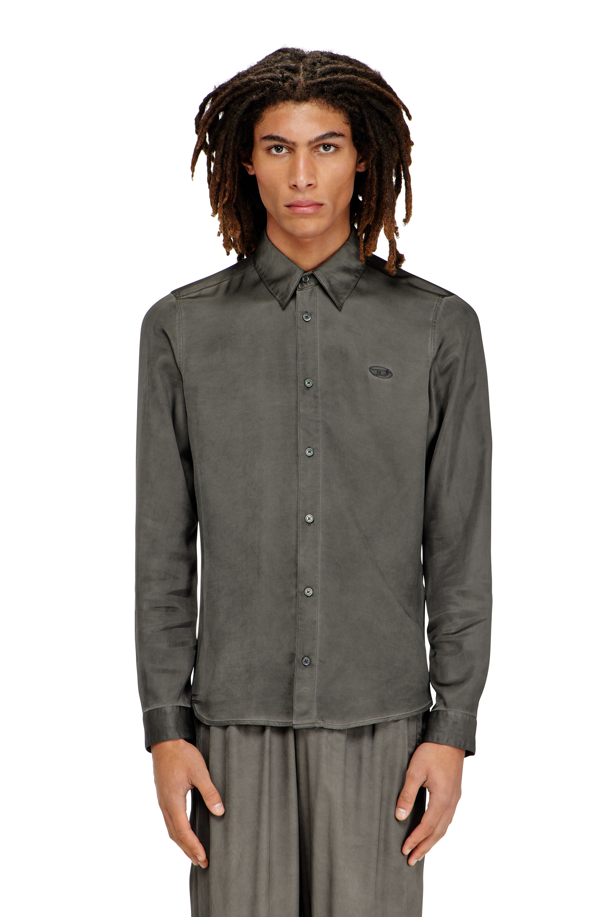 Diesel - S-KINNY-ALBG, Man's Shirt in treated fluid viscose in Dark grey - 3