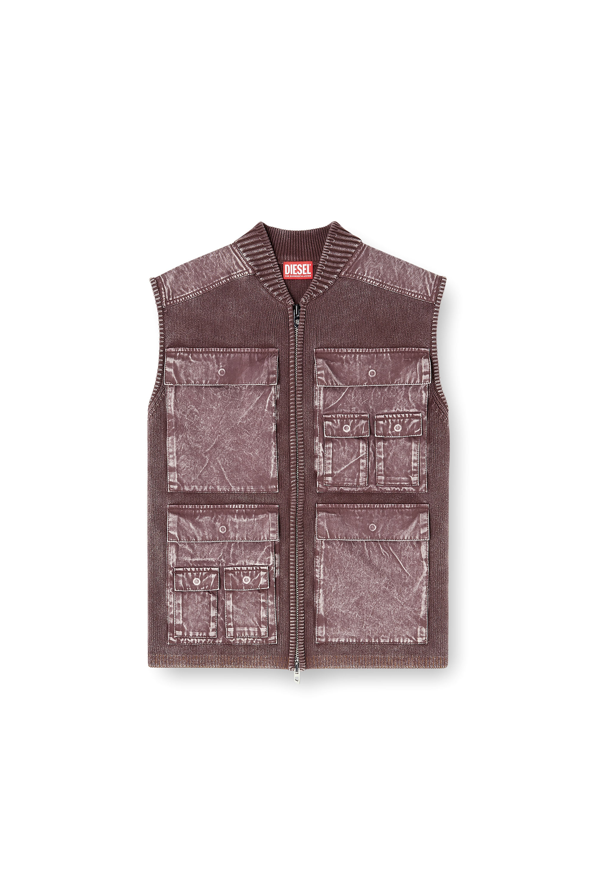 Diesel - K-GIULIUS, Man's Zip-up knitted vest with cargo pockets in Brown - 3