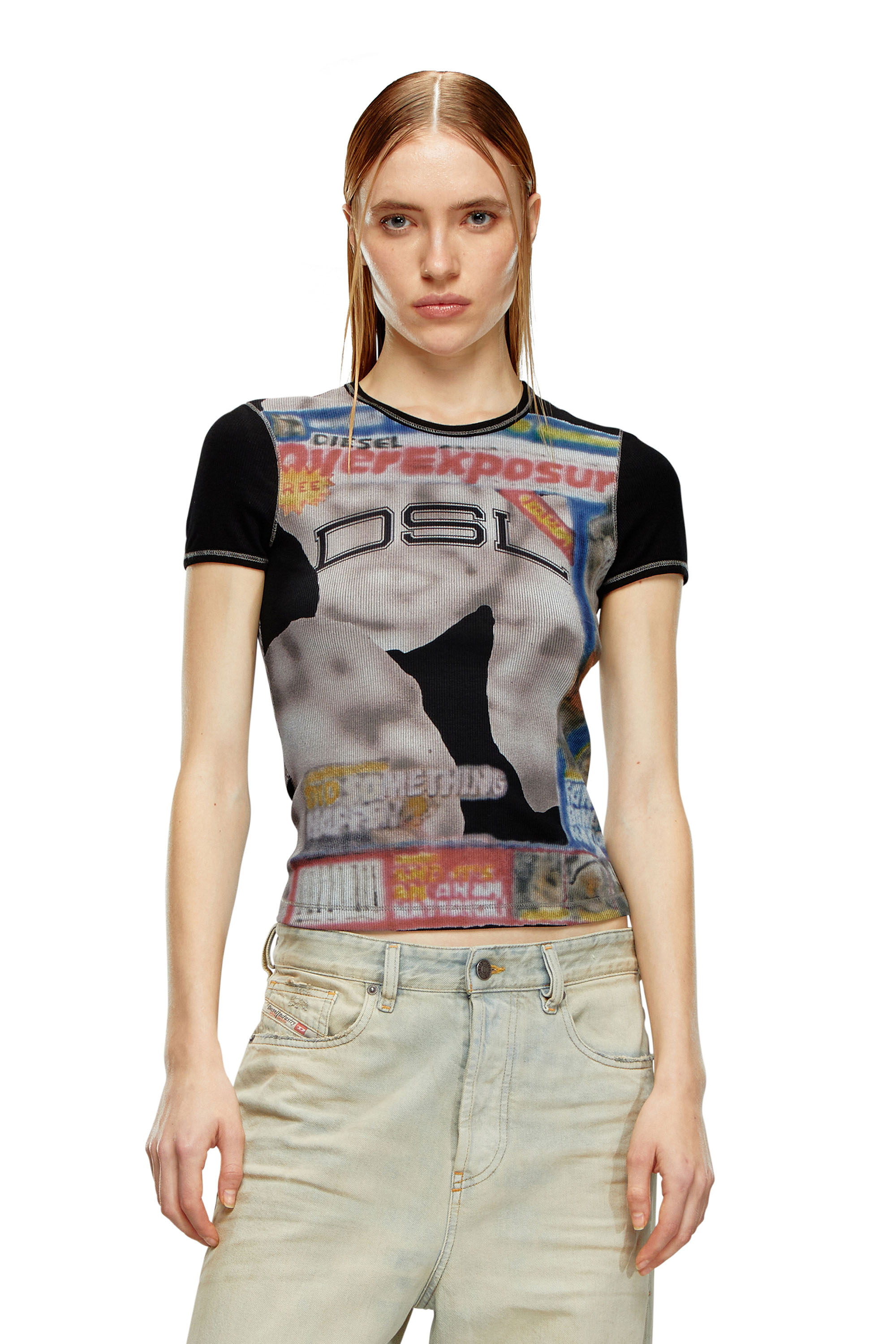 Diesel - T-ELE-LONG, Woman's Ribbed T-shirt with airbrush print in Black - 3