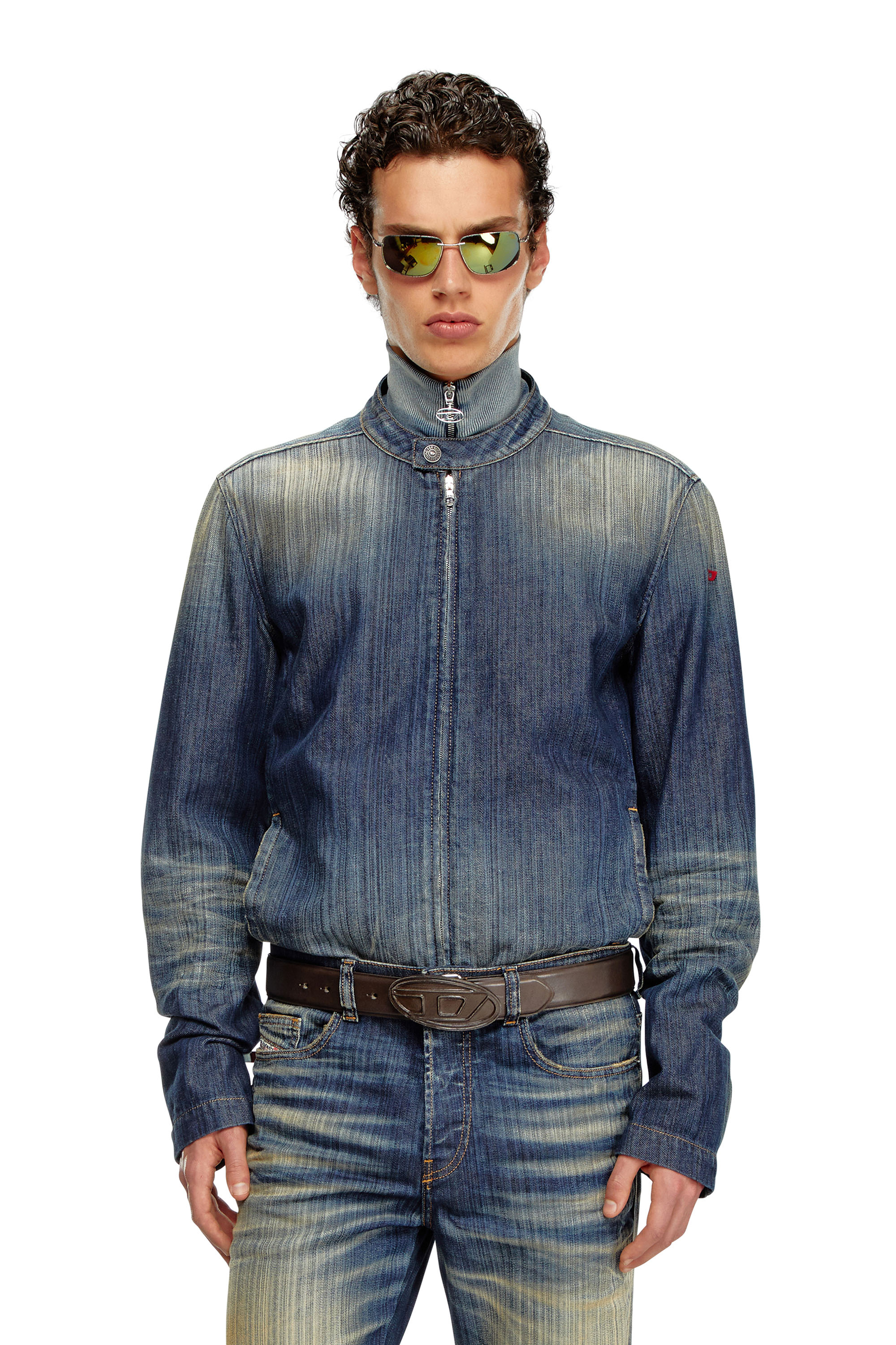 Diesel - D-GLORY, Man Moto jacket in streaky denim in Blue - Image 1