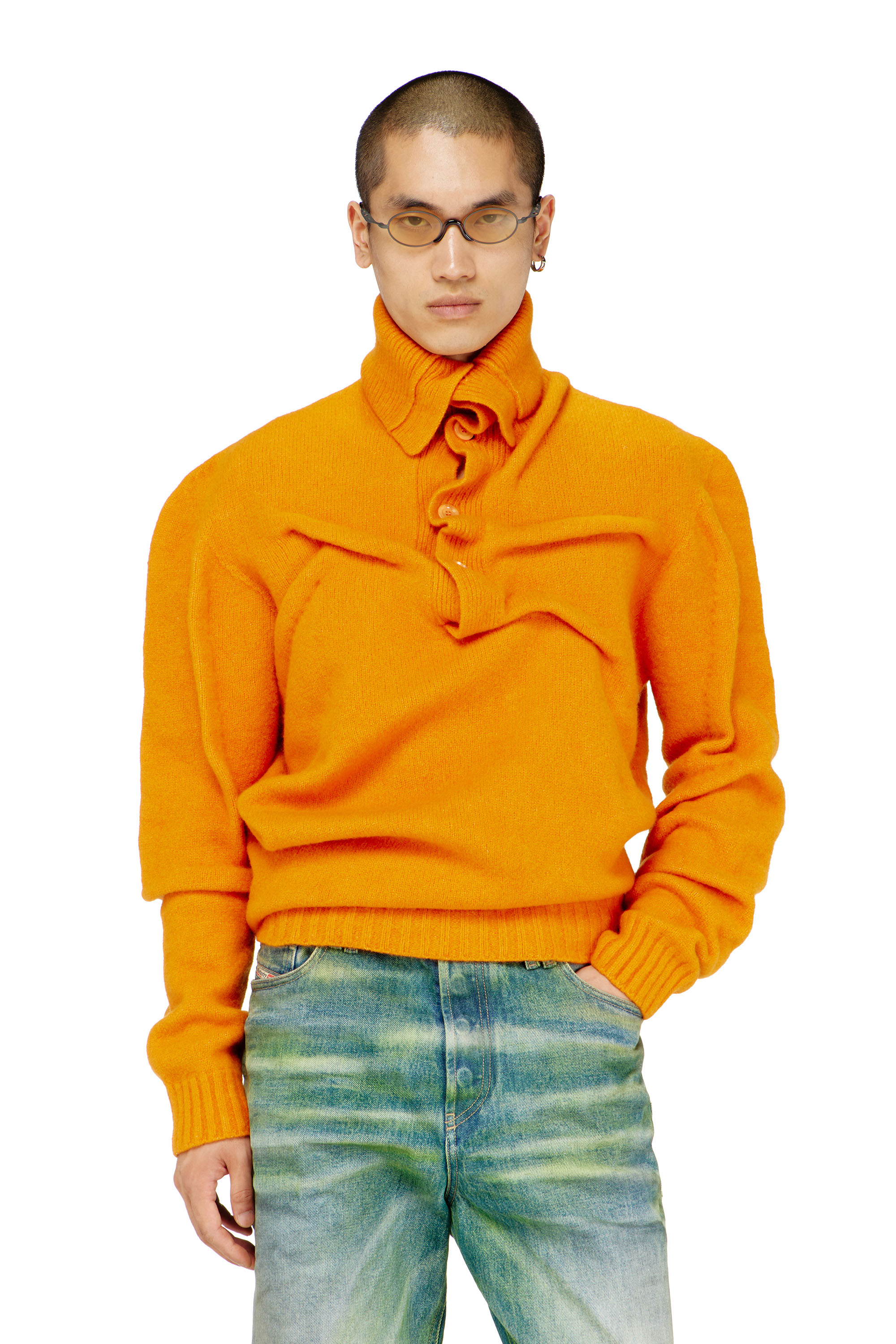 Diesel - K-ANDREW, Man's Button-neck jumper in wrinkled boiled knit in Orange - 1