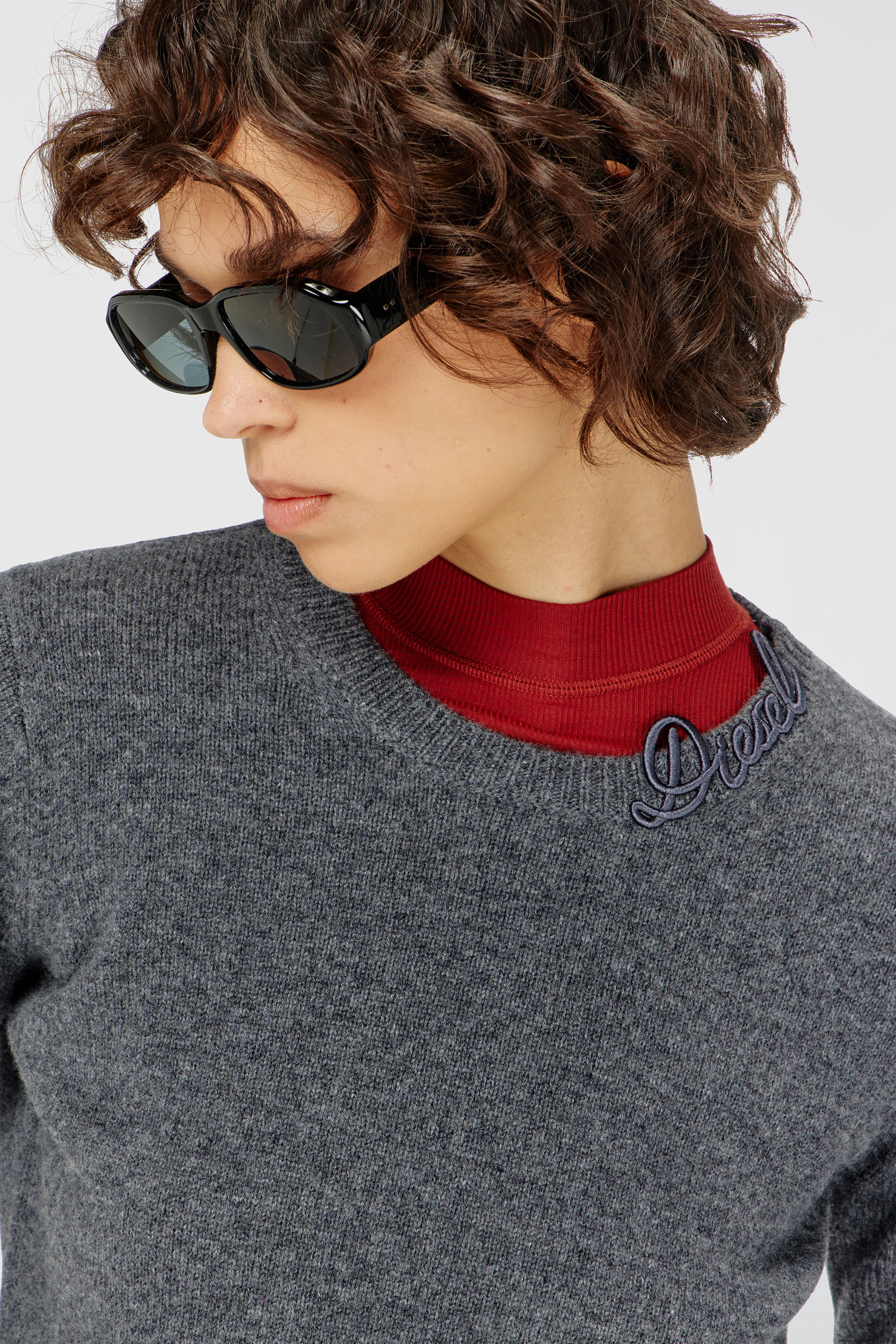 Diesel - M-IMARA, Woman's Wool jumper with embroidered neck logo in Grey - 5