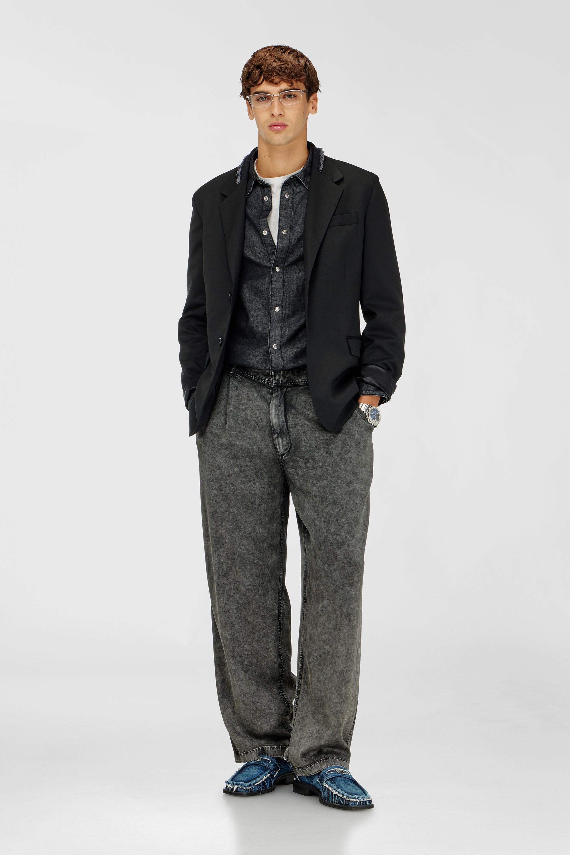 Diesel - P-FAUST-NIBC, Man's Wide-leg pants in denim-effect viscose in Dark grey - 2