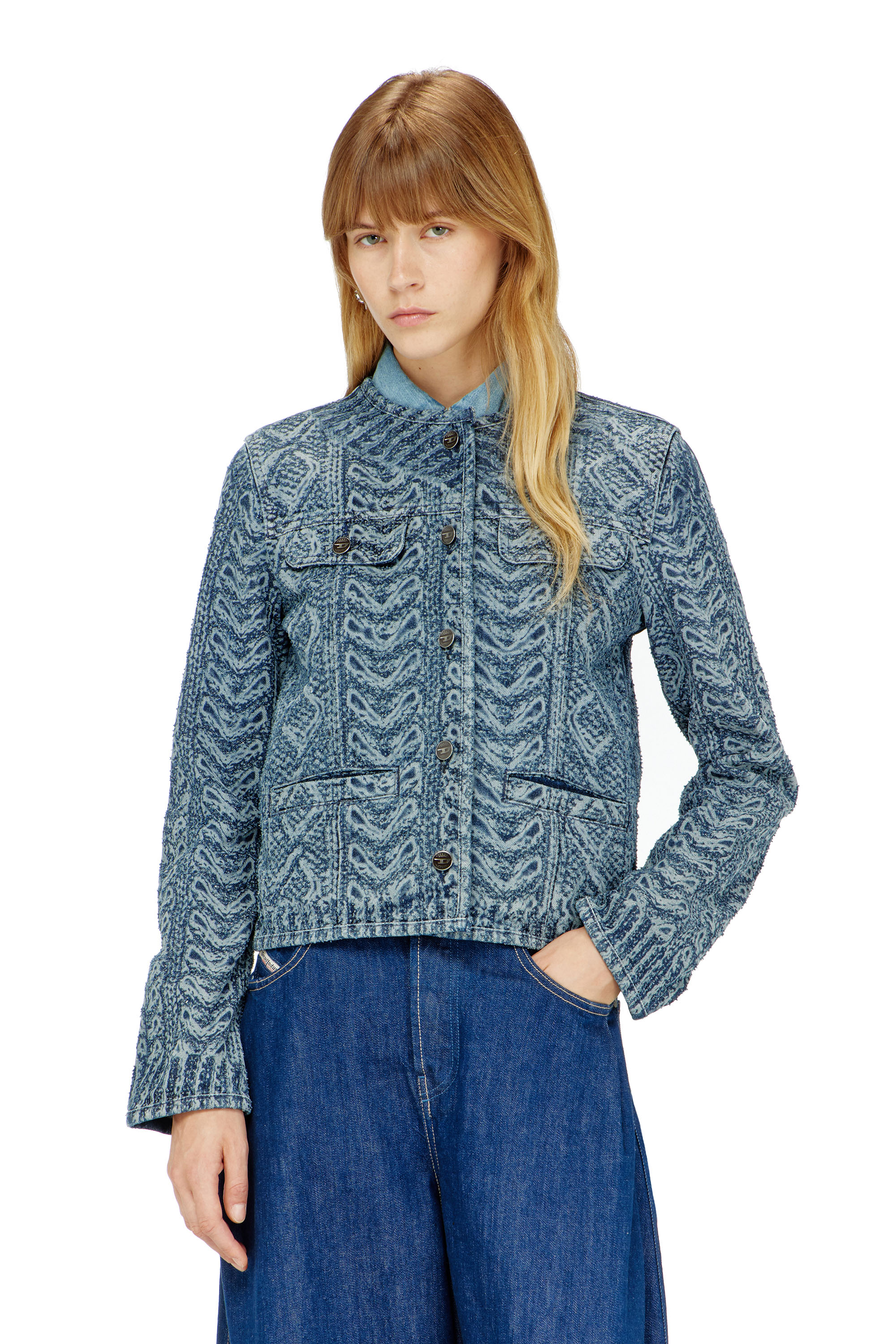 Diesel - DE-GRAFY-S2, Woman's Collarless jacket in cable-knit-effect denim in Dark Blue - 3
