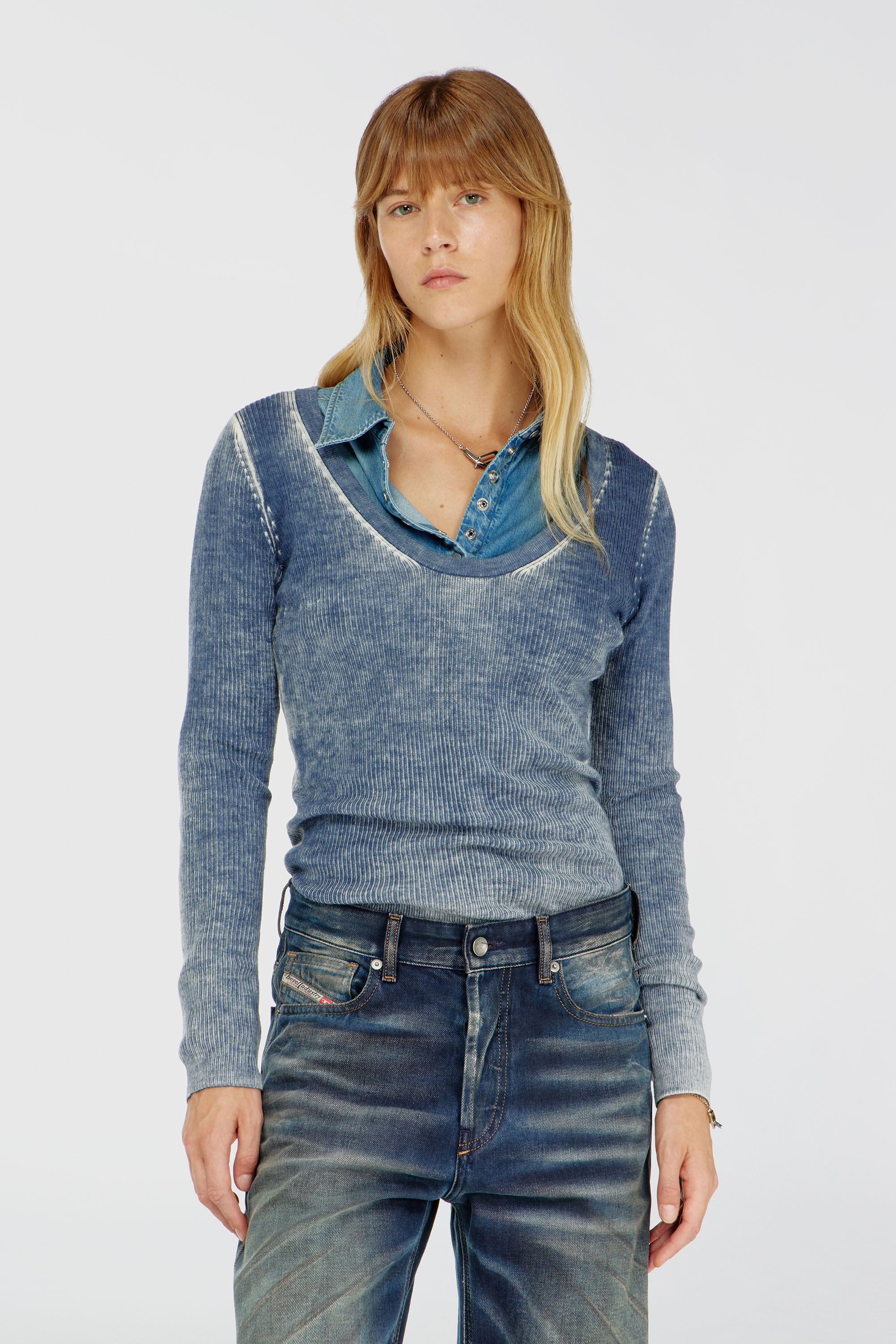 Diesel - M-ELIANE, Woman's Jumper in wool with reverse print in Medium blue - 3