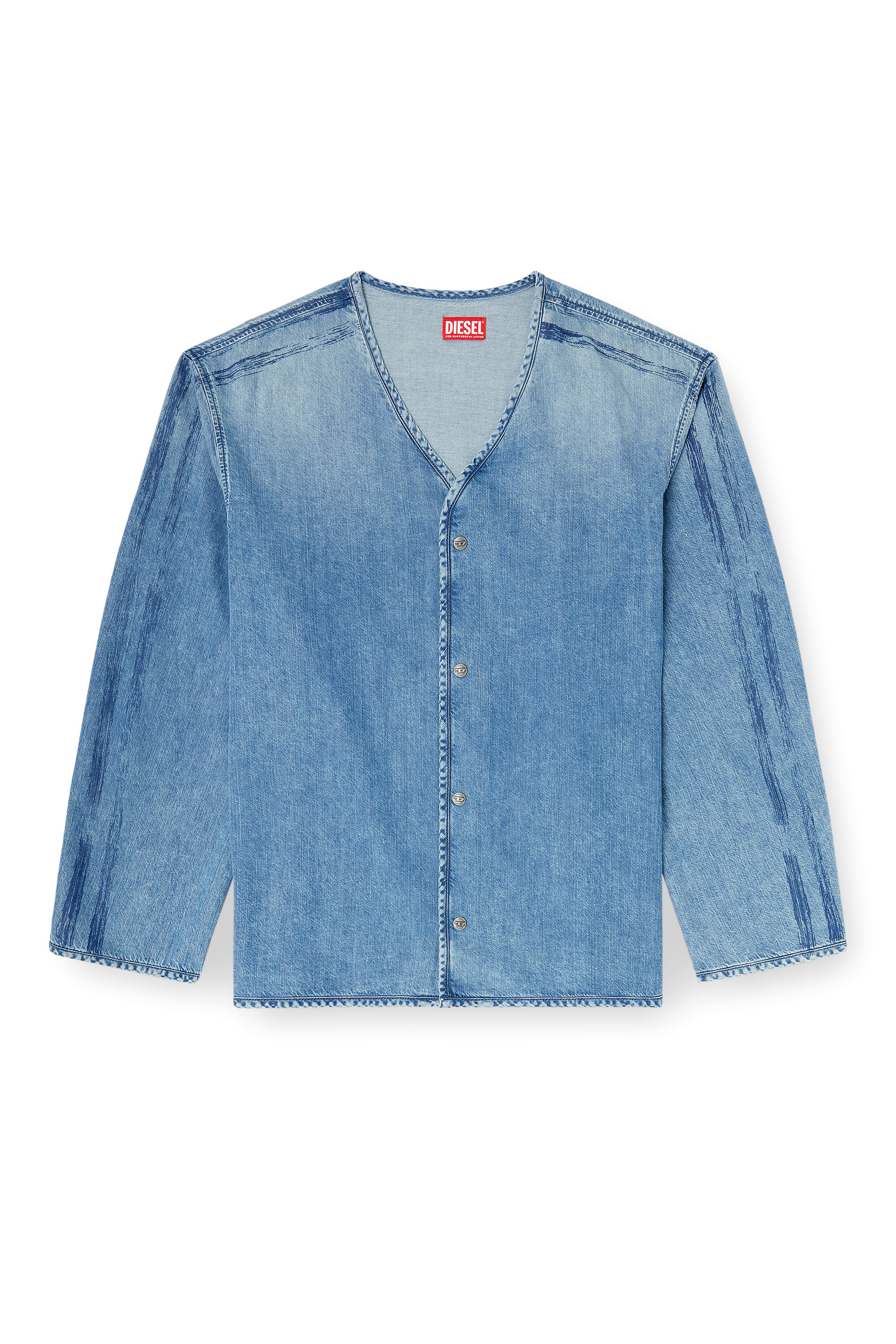 Diesel - D-CADI-S, Man's V-neck shirt in fluid denim with stripes in Light Blue - 3