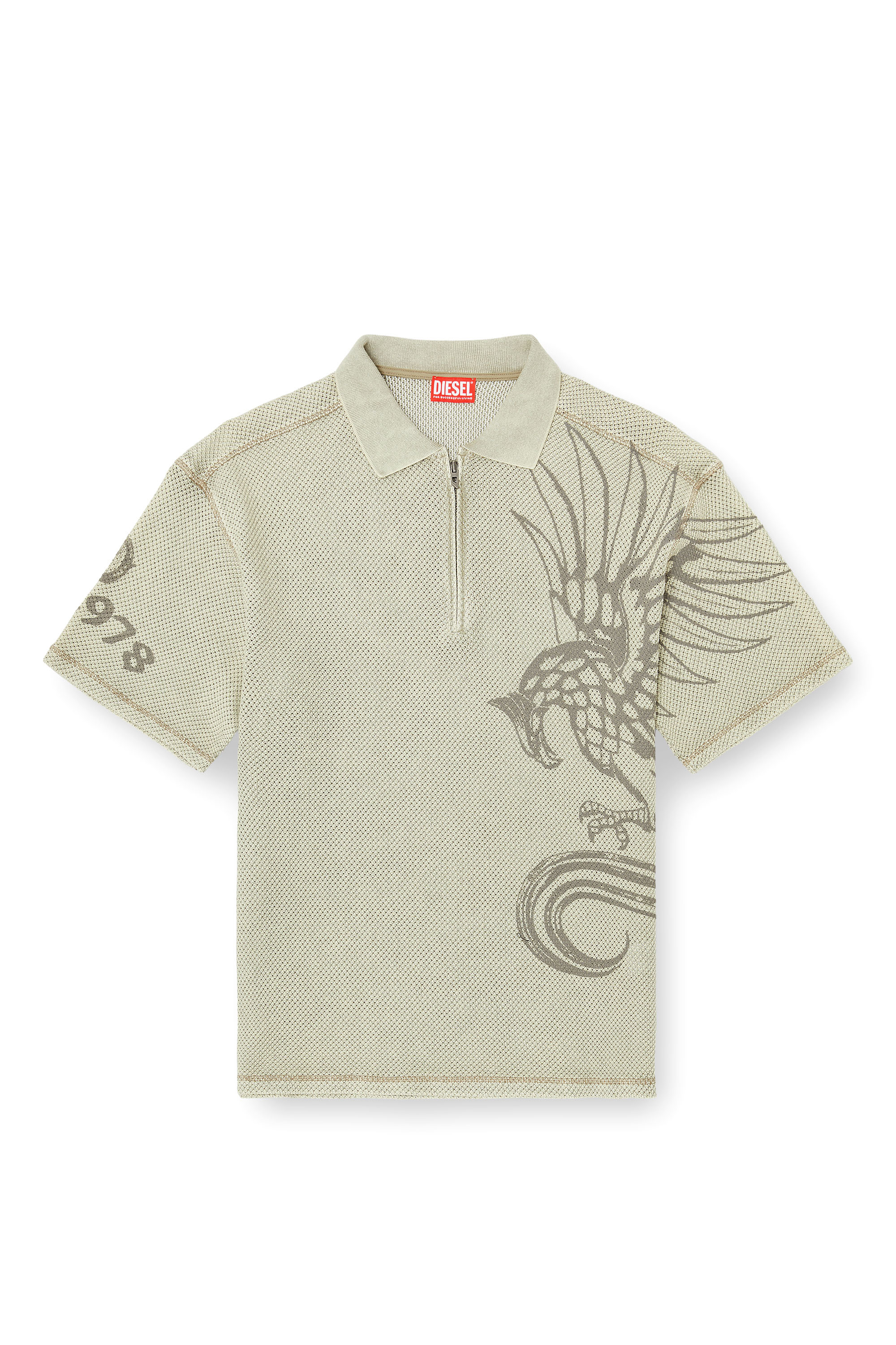 Diesel - T-ERRY-ZIP, Man's Mesh-jacquard polo shirt with Phoenix print in Beige - 4