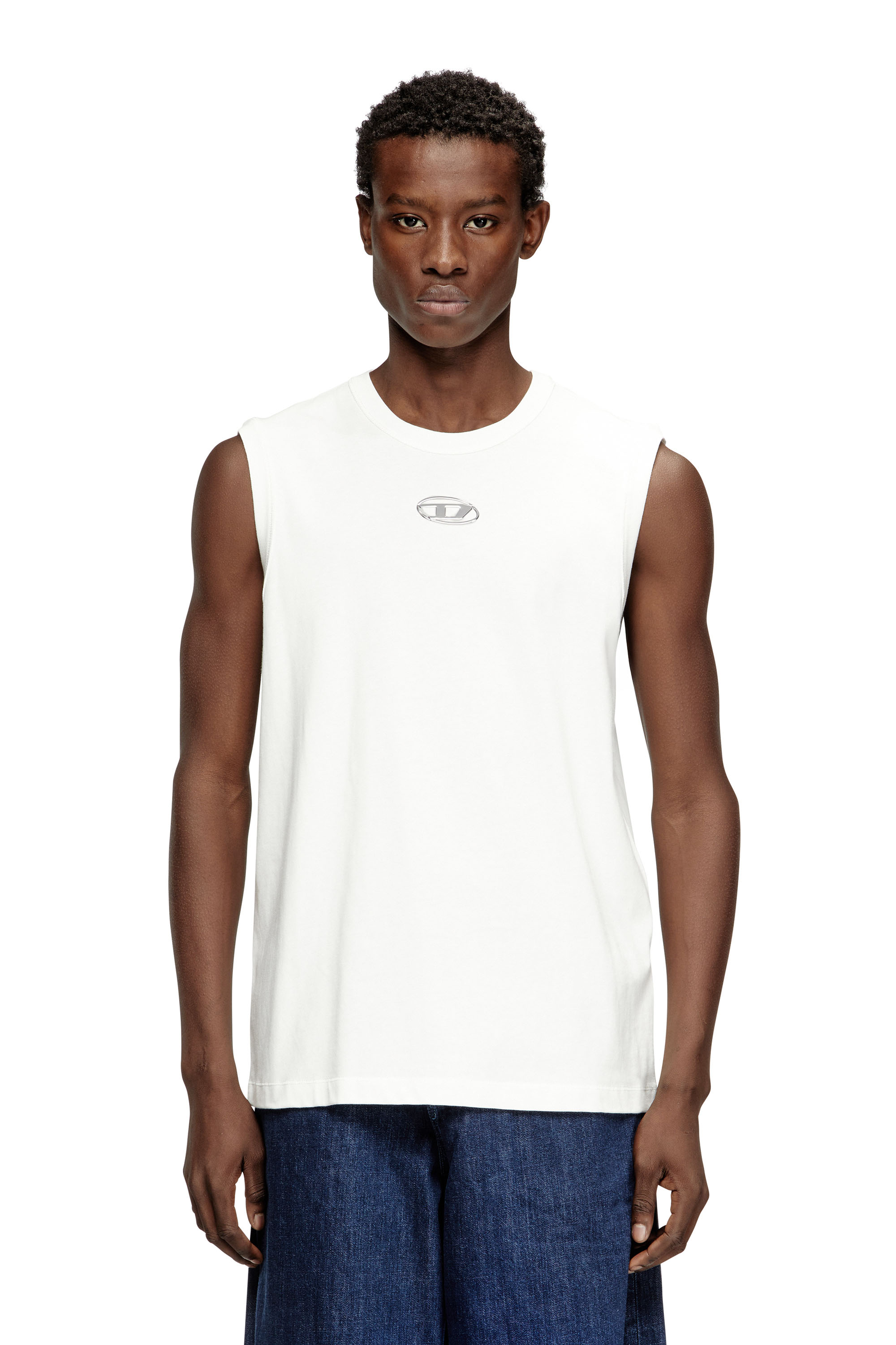 Diesel - T-BISCO-IOD, Man's Sleeveless cotton top with metallic Oval D in White - 1